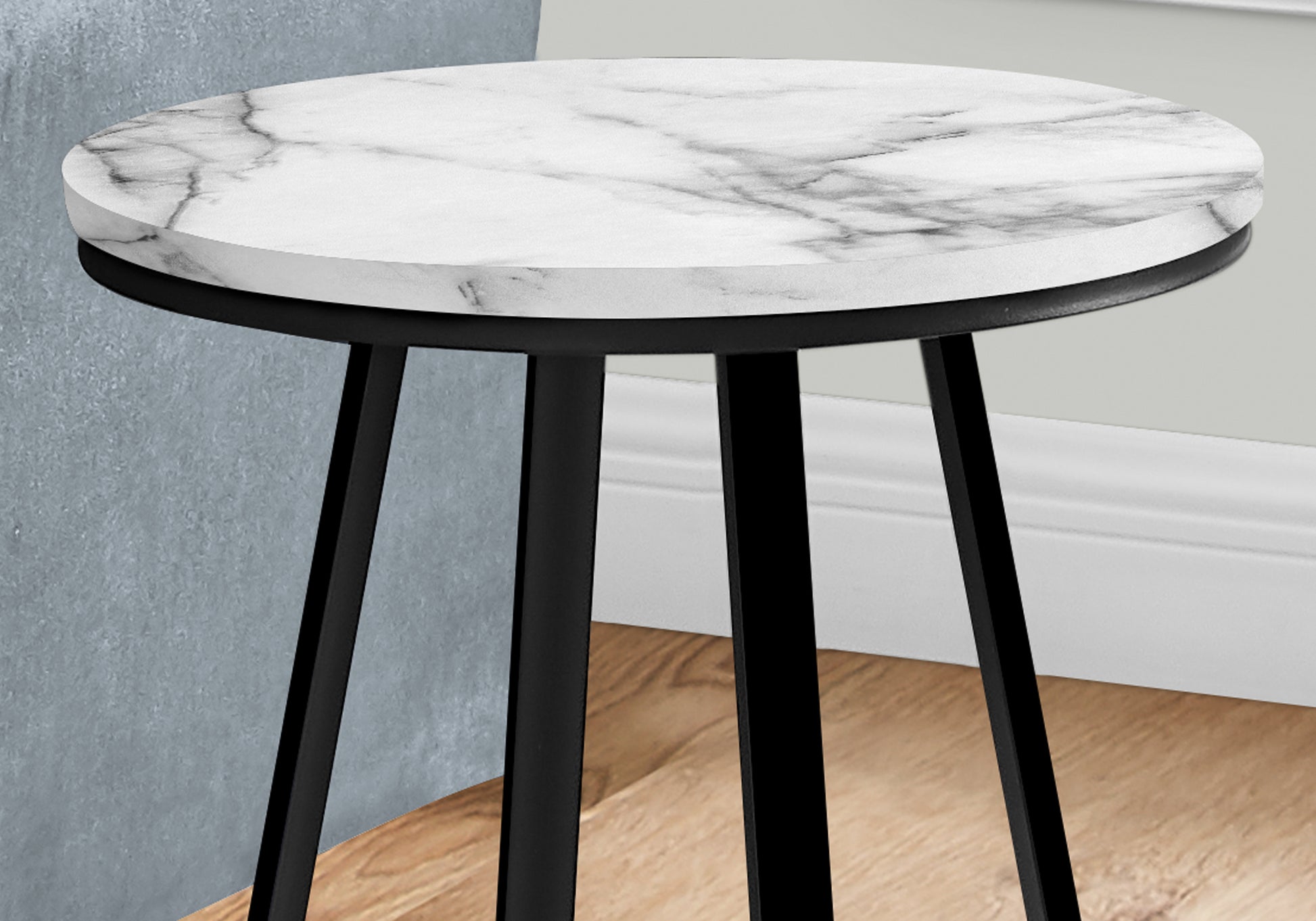 Accent Table, Side, Round, End, Nightstand, Lamp, Living Room, Bedroom, White Marble Look Laminate, Black Metal, Contemporary, Modern White Metal