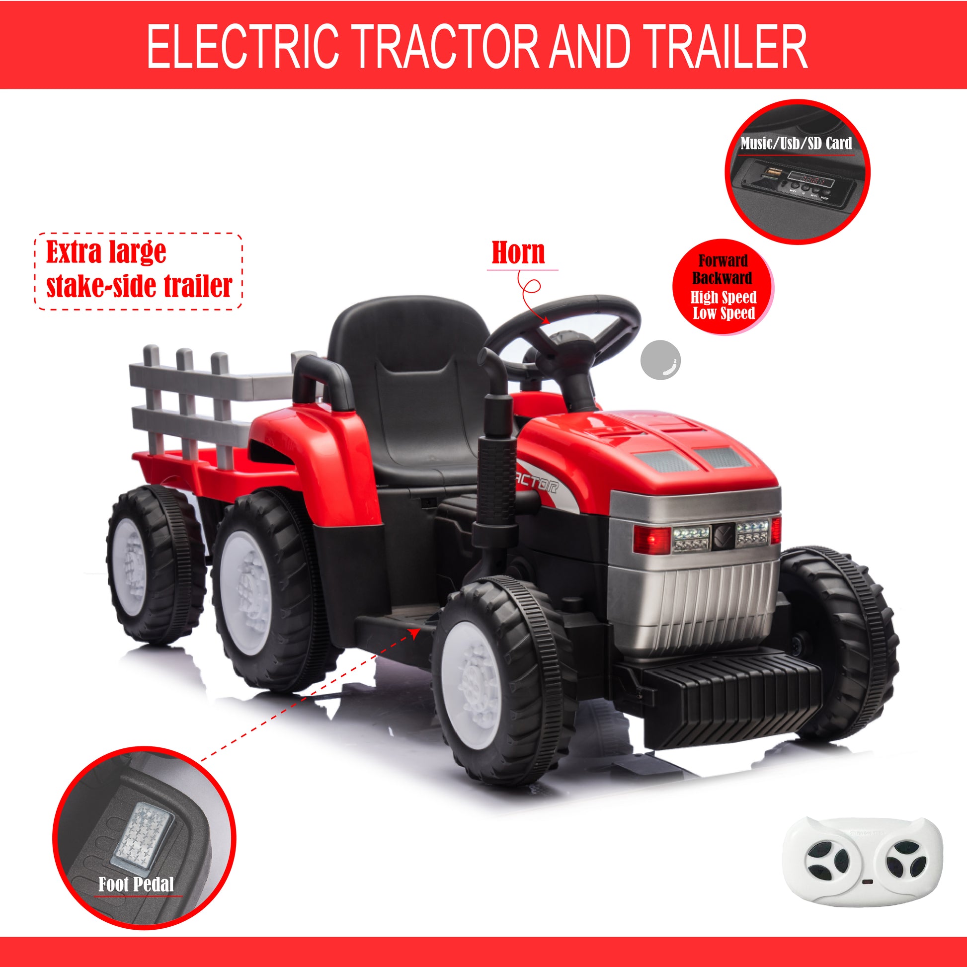 Red, 12V7Ah Battery Powered Toy Tractor With Trailer, Remote Control, Kids' Electric Excavator Vehicles With 2X35W Dual Motor, Treaded Tires, Led Lights, Usb, Music, Gifts For Boy, Girl Red 50 99 Lbs Iron Plastic Iron Plastic Indoor & Outdoor Use