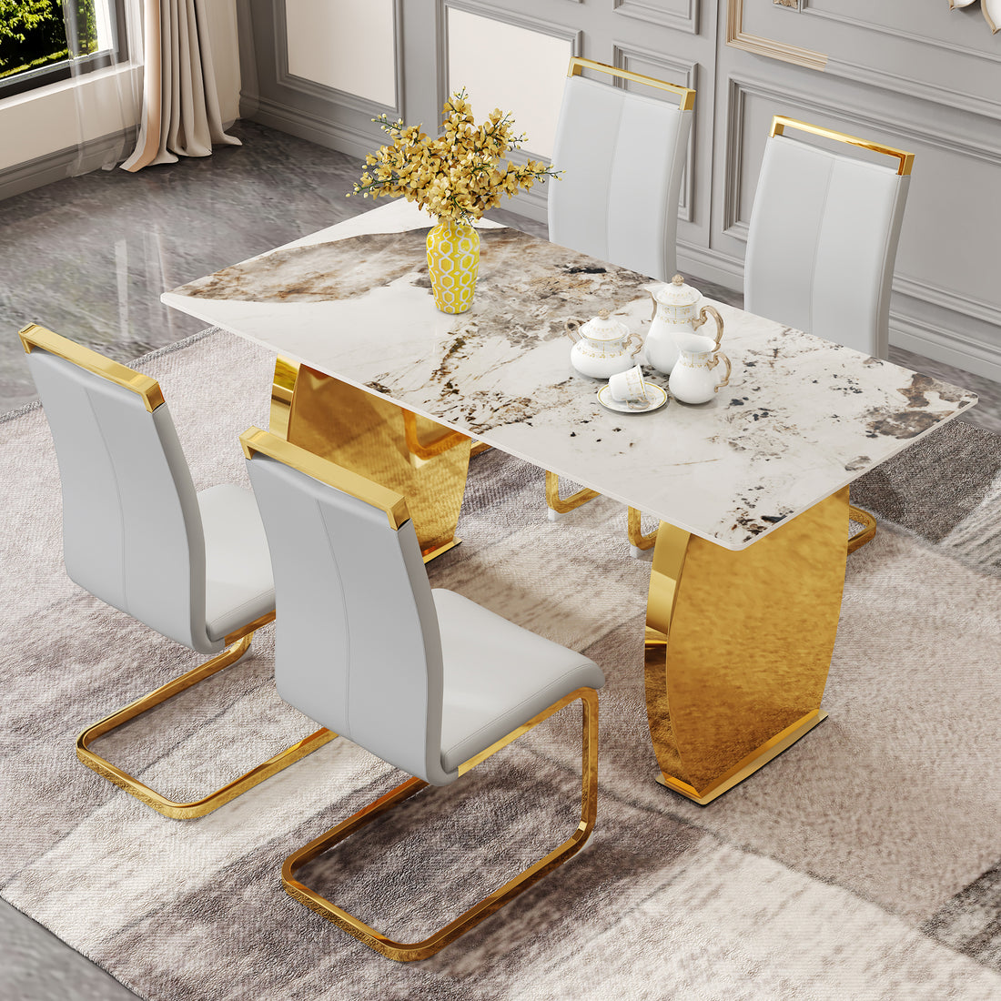 Table And Chair Set, Rock Plate Table Top, Gold Metal Table Legs, Stable And Beautiful, Suitable For Most Home Styles. Modern Simple Dining Table, Comfortable Seating. Grey Gold Seats 4 Sintered Stone