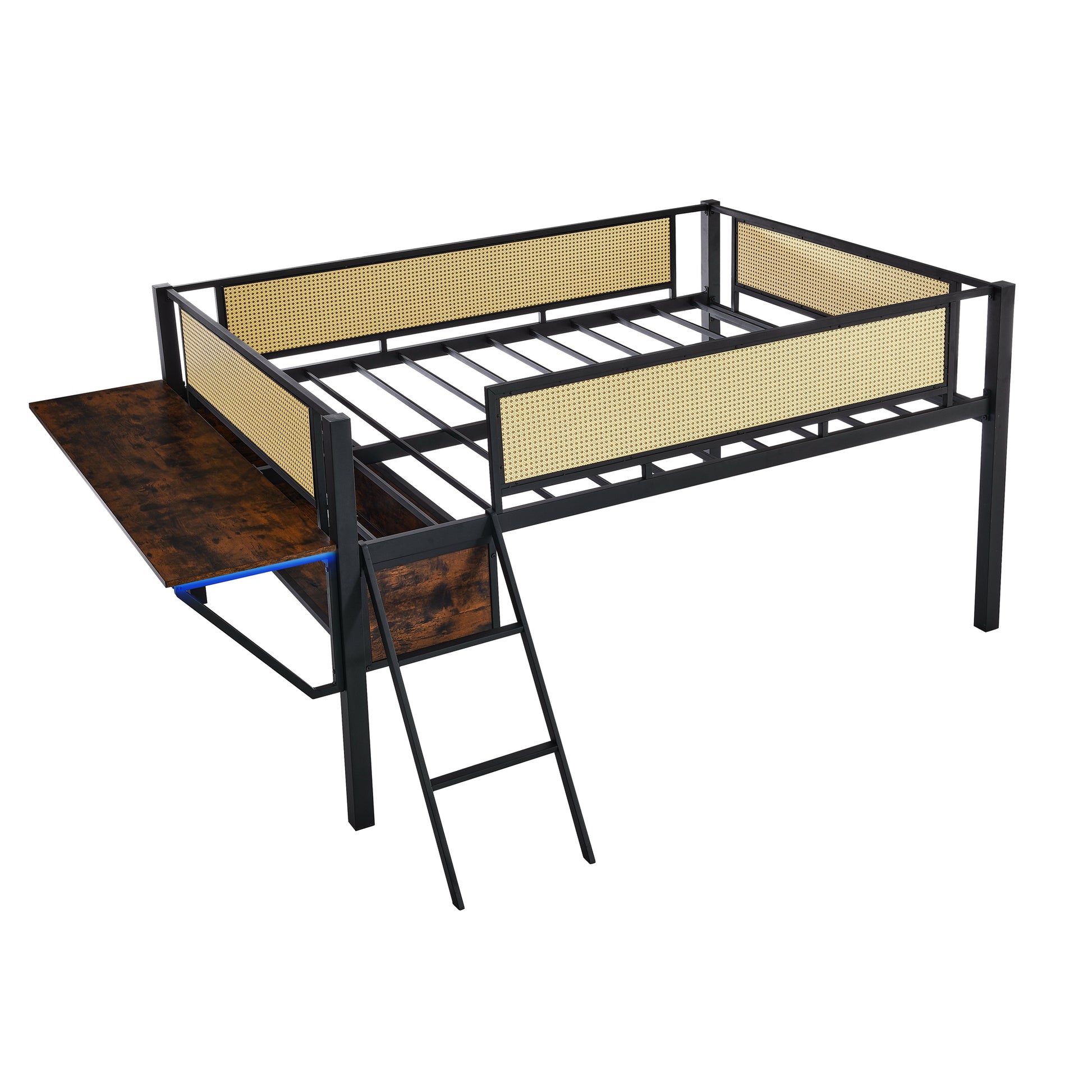 Single Metal Loft Bed With Rectangular Desk, Led Lights, Led Loft Bed Frame Double Bed With Storage Shelves And Hanging Storage Compartments, Safety Guard And Ladder, No Box Springs Required, Rattan G Full Black Brown Mdf Iron