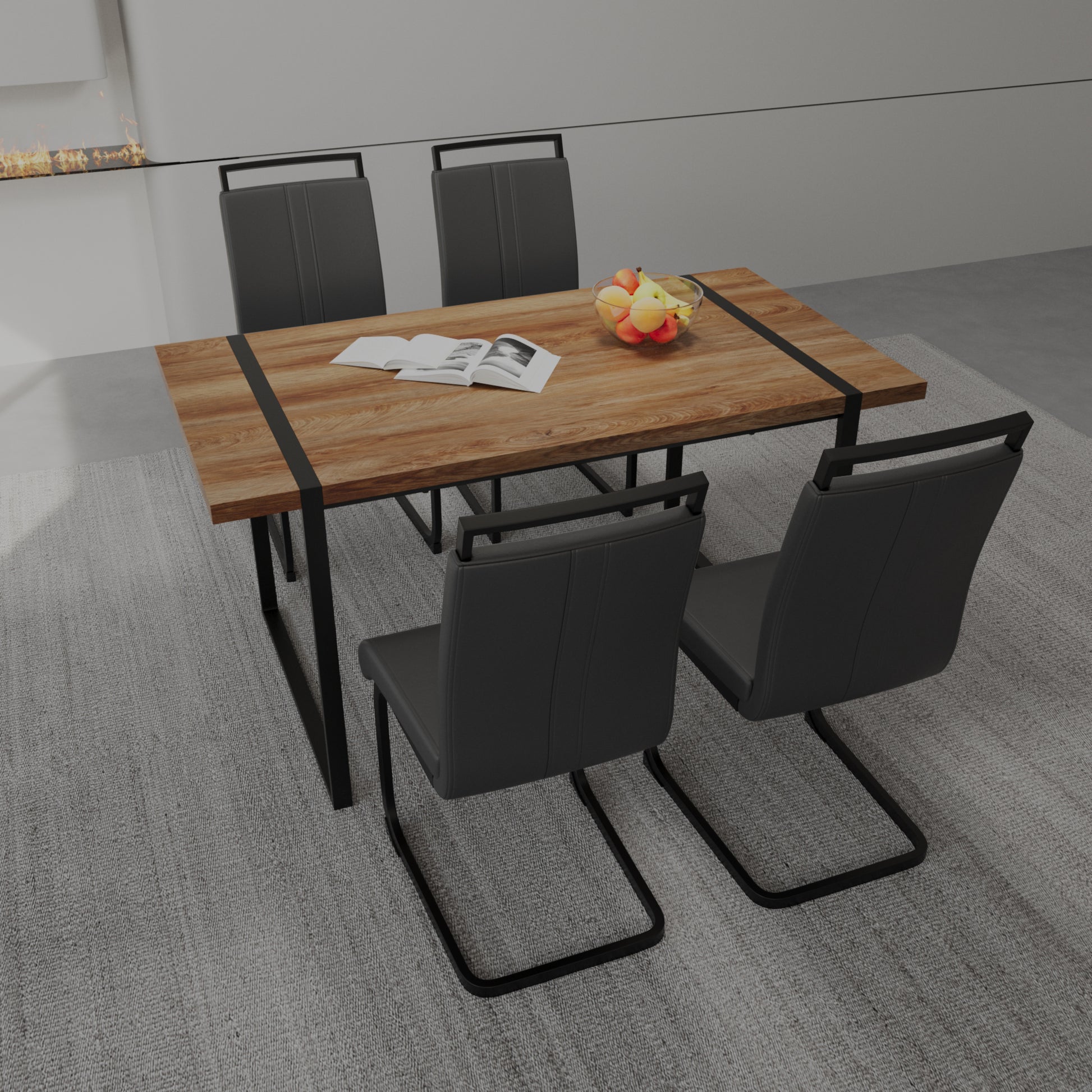 59 "Rural Industrial Rectangular Mdf Wood Color Dining Table Set And Pu Armless Dining Chair Set 4. Kitchen Black Metal Table Leg Dining Chair Set Wood Mdf