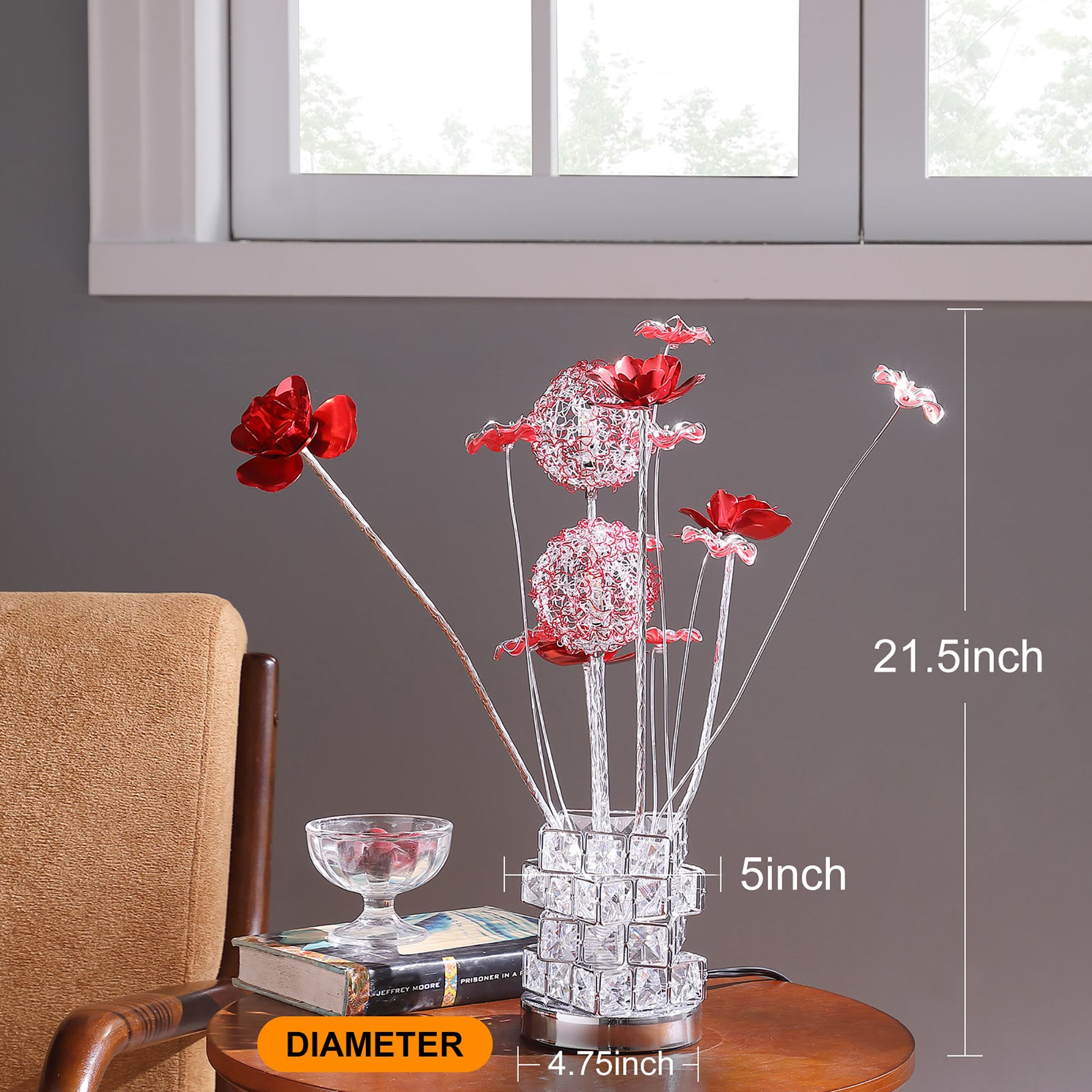 Aluminum 4 Red Roses 6 Petal Floral 2 Red Silver Flower Bud On A 4 Squared Modern Hexagona Chrome Vase Table Lamp For Living Room, Nightstand Bedside Table Lamp For Bedroom, Led Lamp Multicolor Aluminium