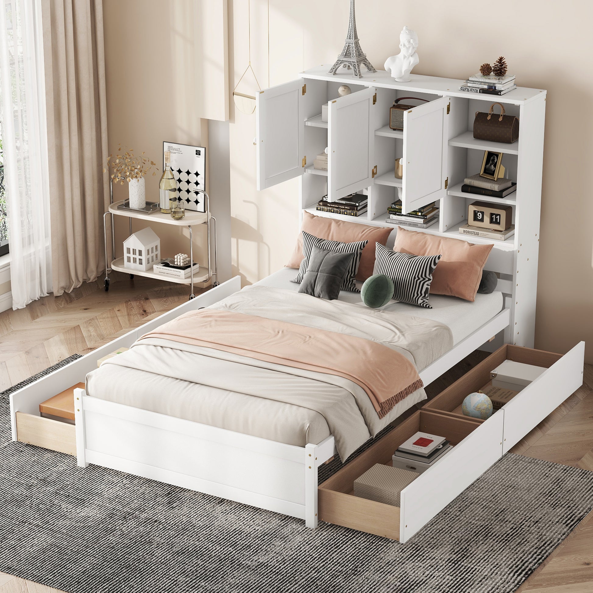 Full Size Platform Bed With Storage Headboard And 4 Drawers, White Box Spring Not Required Full White Wood Bedroom Bed Frame Solid Wood Mdf