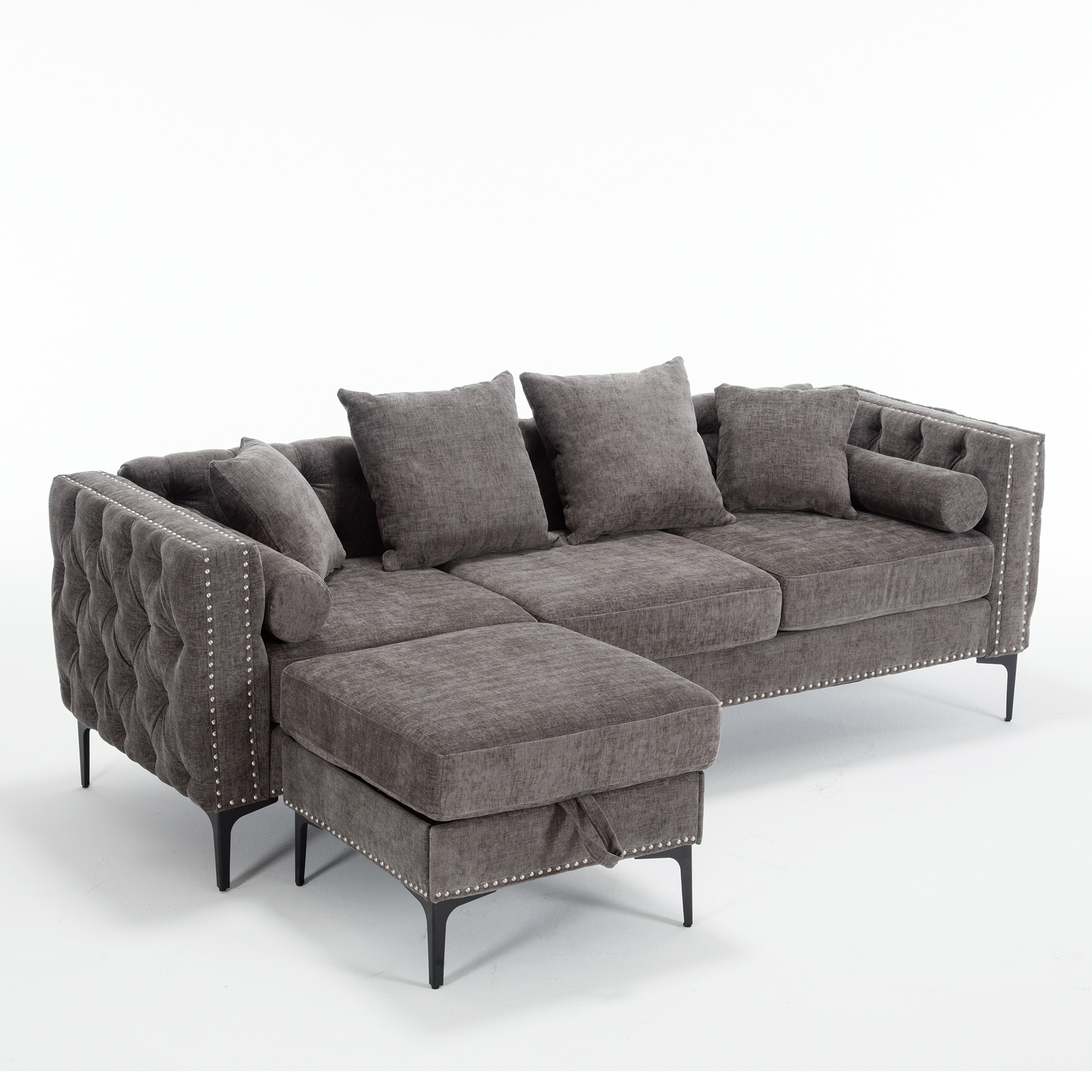 Arrived L Shaped Sectional Sofaconvertible Storage Ottoman,Chenille ,Square Arm, Modern Tufted Couch ,3 Seater, And Nailhead, Dark Gray Dark Gray Polyester Wood Primary Living Space Medium Soft Tufted Back Modern Square Arms Metal & Wood 4 Seat
