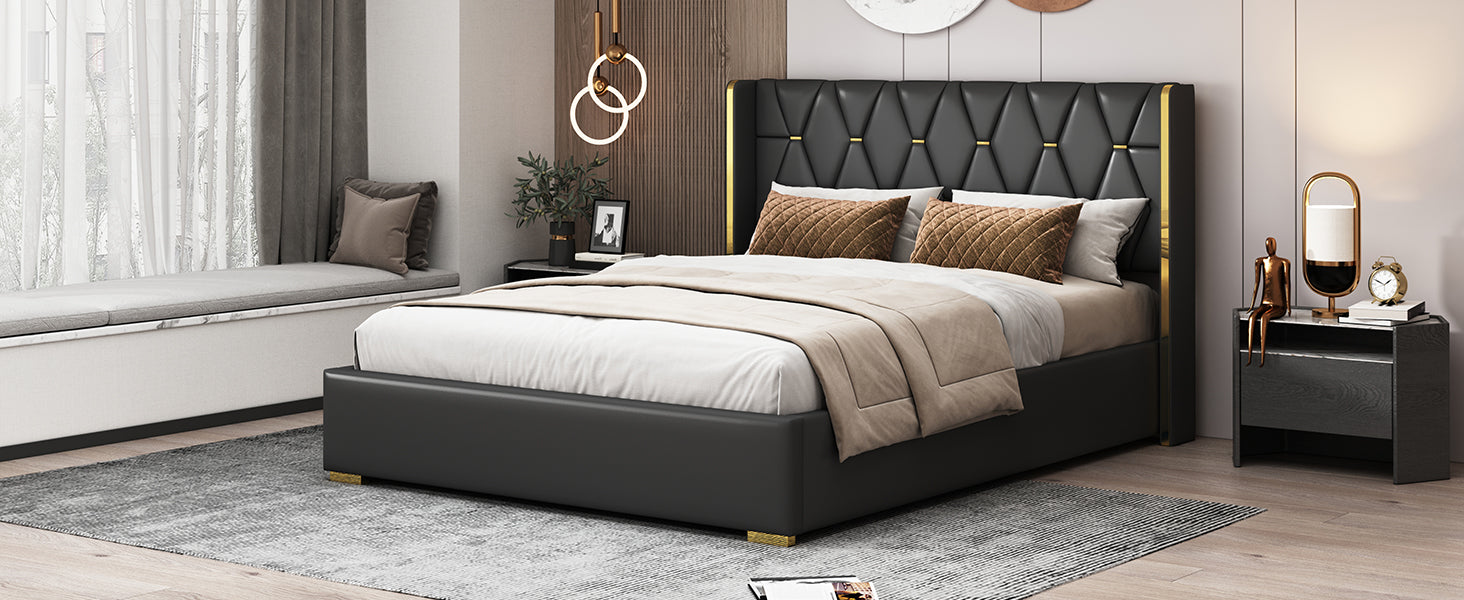 Queen Size Upholstered Platform Bed With Metal Strips, Black Queen Black Pu