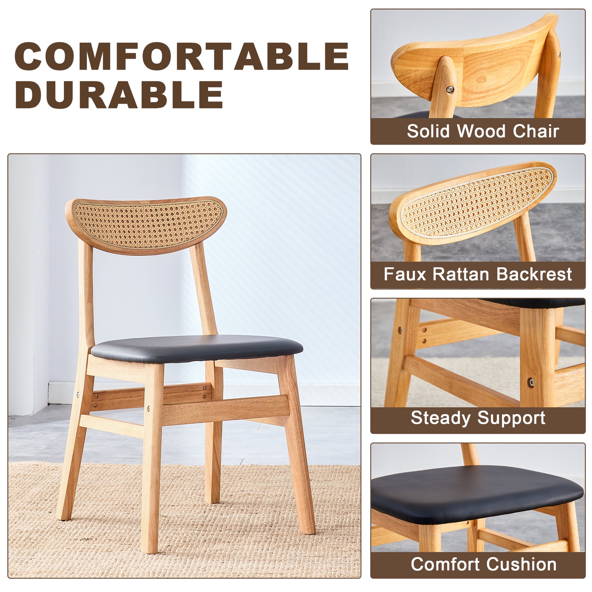 4 The Stylish And Durable Solid Wood Dining Chair, Small Curved Back, Pu Cushion, And Beautiful Shape Match Perfectly With Any Room And Everyday Use Wood Set Of 4 Or More Rubber Wood