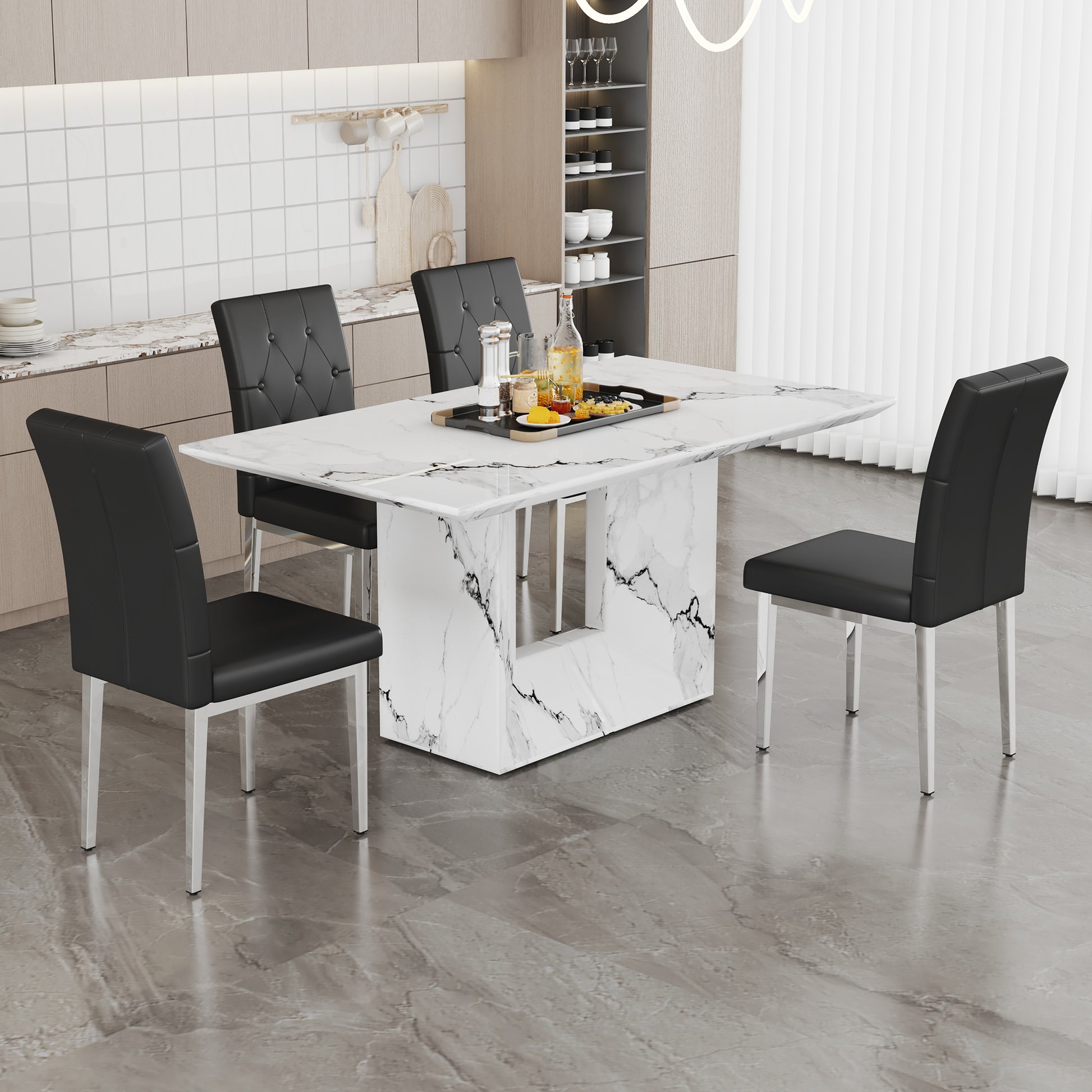 Table And Chair Set.63"X35.4" White Marble Patterned Mdf Dining Table Set With 4 Armless Black Pu Chairs.Showcasing A Modern And Stylish Look. Black,White Seats 4 Mdf Metal