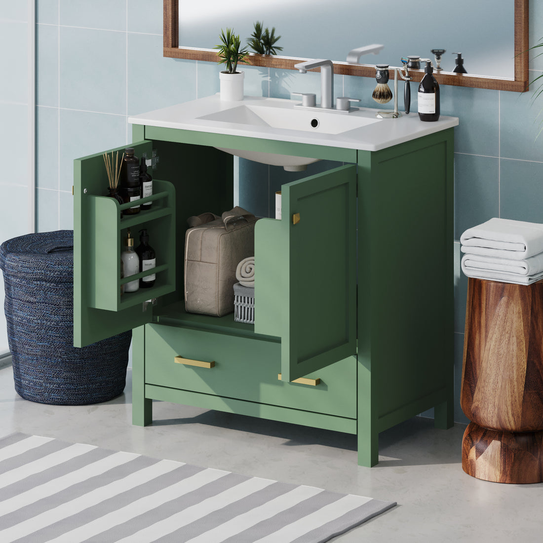 30 Inch Green Bathroom Vanity With Single Sink, Combination Under Counter Sink, Bathroom Storage Cabinet With 2 Doors And A Drawer, Soft Closure, Multifunctional Storage, Solid Wood Frame Green Bathroom Solid Wood Mdf