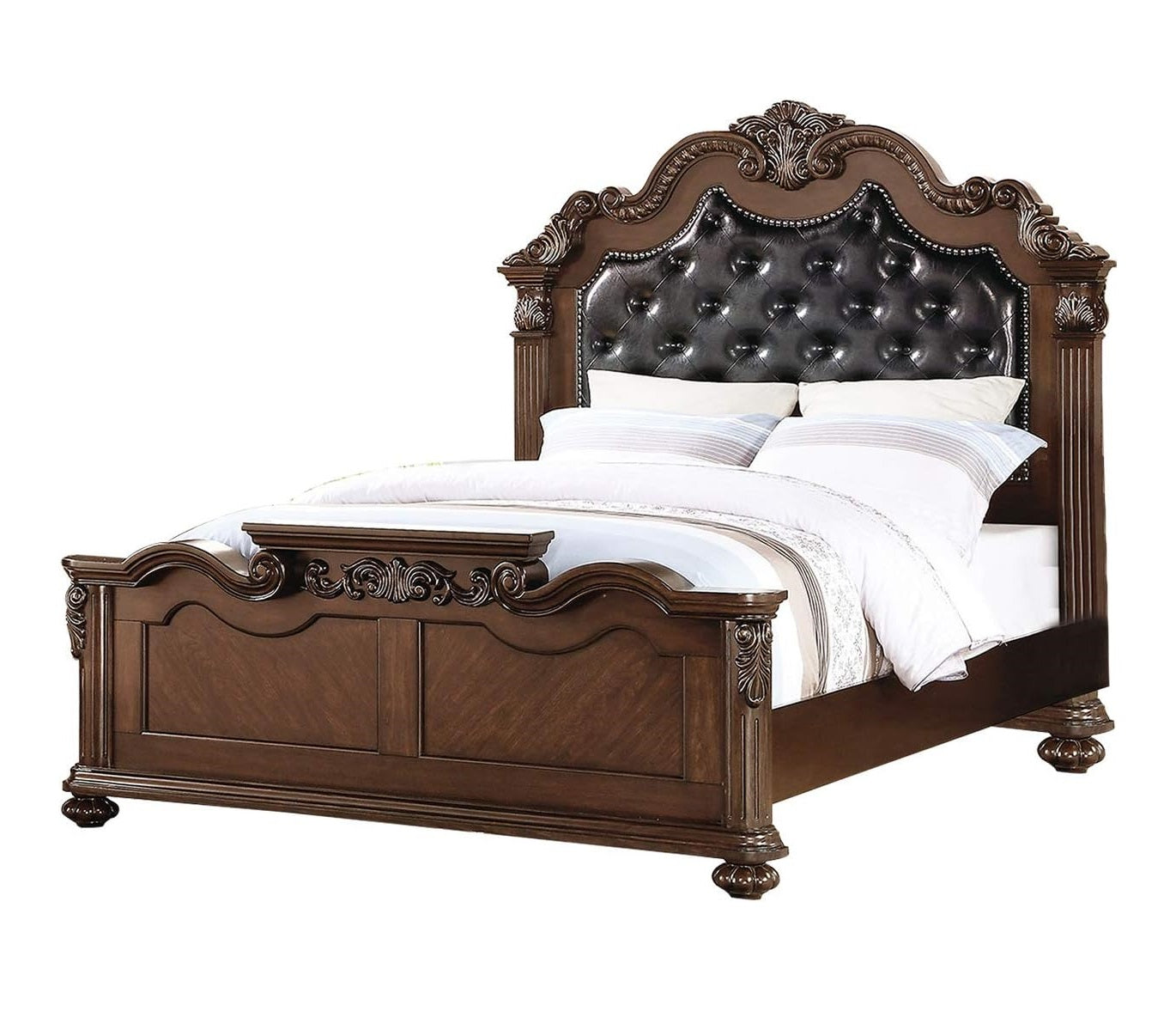 Gorgeous Traditional Antique Cherry 1Pc Eastern King Size Bed Tufted Faux Leather Headboard Wooden Bedframe Box Spring Required King Cherry,Walnut Wood Bedroom Classic,Luxury,Traditional Pine Bed