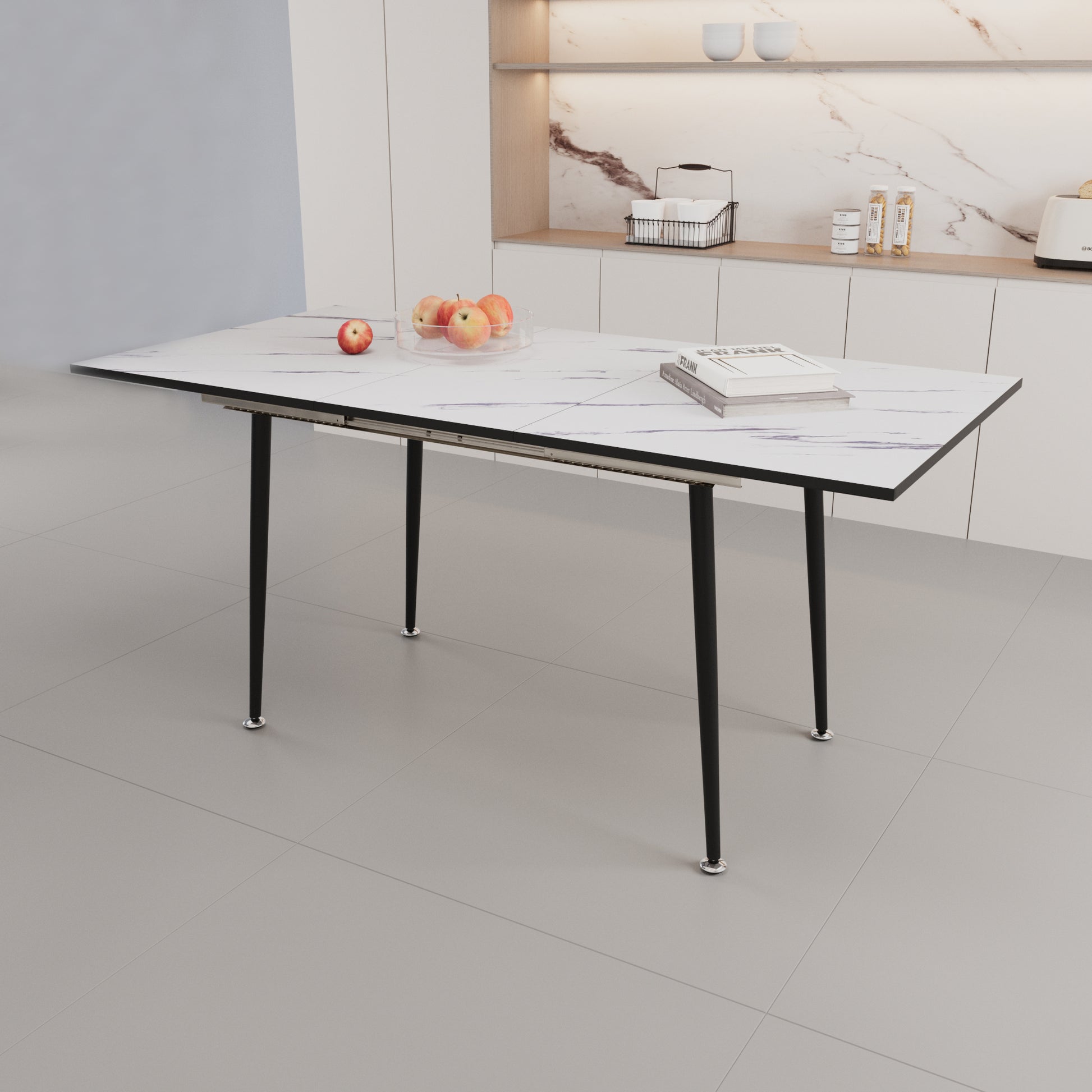 63" Mdf Square White Marble Pattern Stretchable Dining Table, Modern Industrial Kitchen And Dining Table, Equipped With Tapered Black Metal Legs White Mdf