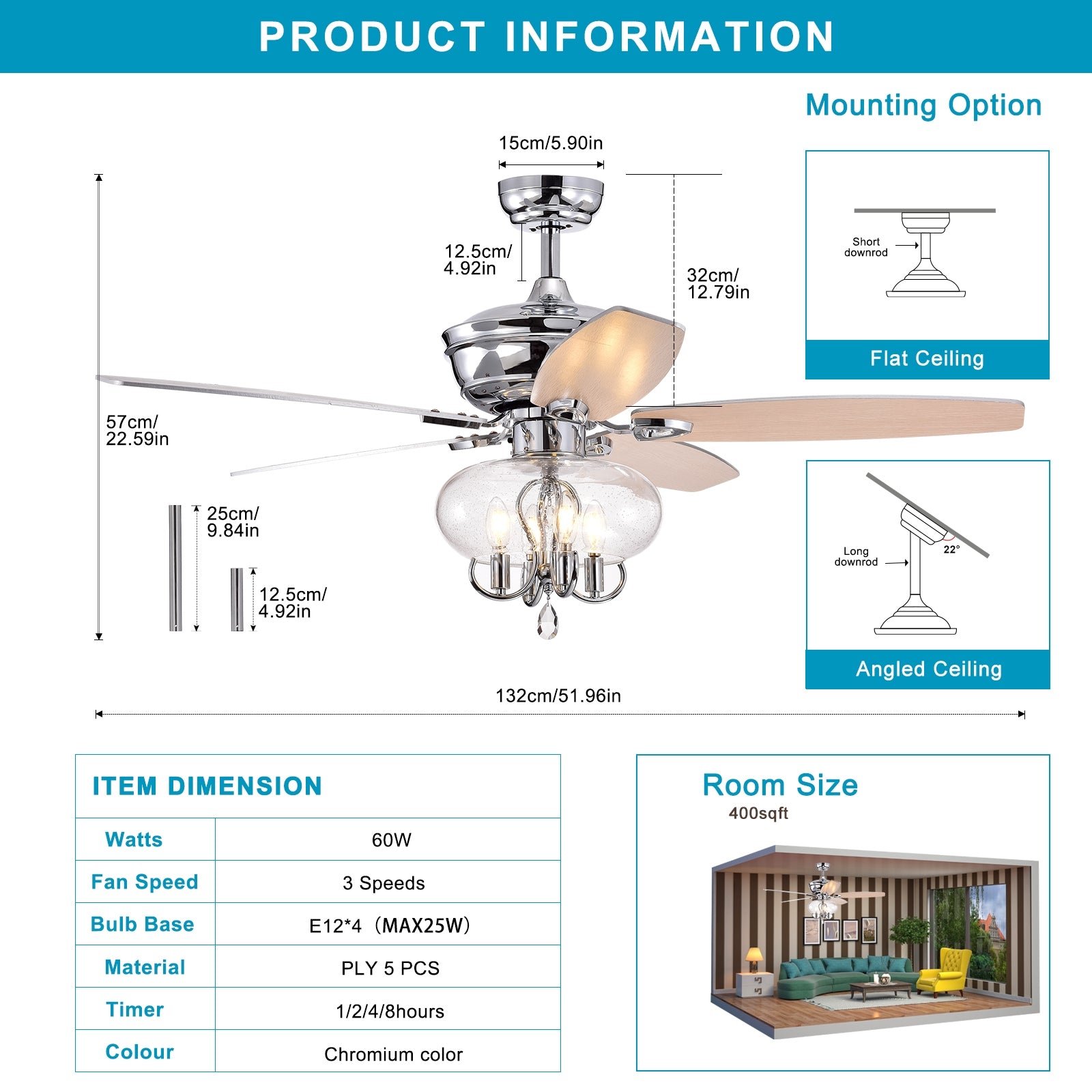 52" Crystal Chandelier Fan With Remote, Classic, Glam, Traditional, Transitional For Home, Kitchen, Dining Room, Guest Room, Living Room, Chrome Chrome American Design,American Traditional,Contemporary,Industrial,Luxury Metal & Wood Glass Metal