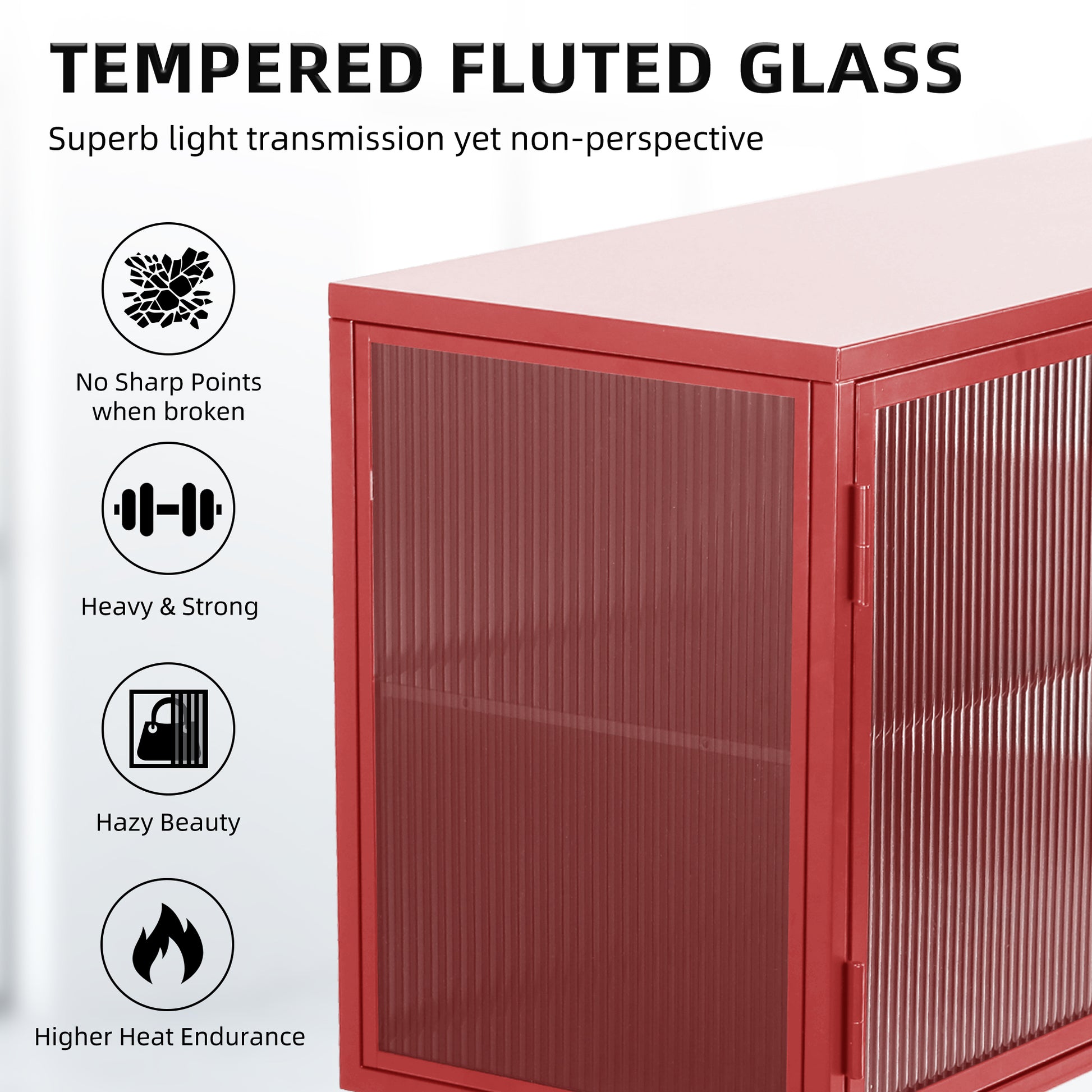 Red Sideboard Storage Cabinet With Two Fluted Glass Doors Detachable Shelves Bottom Space For Living Room, Office, Dinging Room And Entryway Old Sku:W68751711 Red Steel