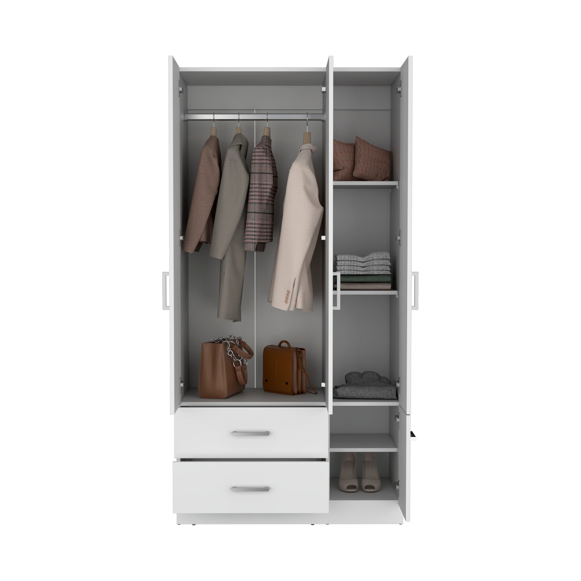 Sebree 71" High Armoire Wardrove Closet With 2 Drawers, Four Doorsthree Cabinetsix Shelves And Hanging Rod, Bedroom Clothes Storage Cabinet Organizer White White Particle Board