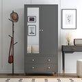 Metal Armoire Wardrobe Closet With 2 Drawers, Mirror Door And Hanging Rod, Metal Clothing Storage Cabinet, Garment Organizer With Magnetic Door Dark Grey Gray Bedroom Retro Steel