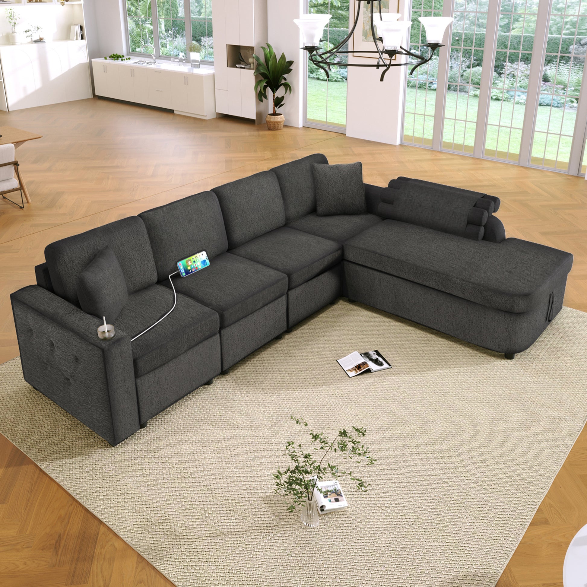 109.8"L Shaped Couch Sectional Sofa With Storage Chaise,Cup Holder And Usb Ports For Living Room, Black Black Foam Chenille 4 Seat