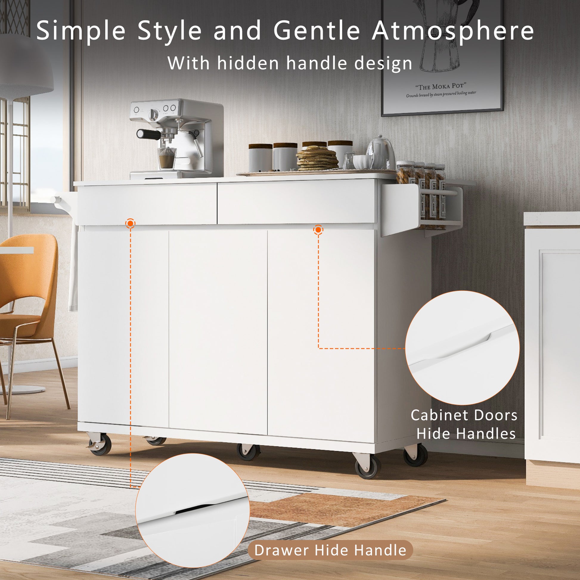 K&K 53.2'' Kitchen Island With Drop Leaf, Kitchen Storage Cart With Spice Rack, Towel Rack And 2 Drawers, Rolling Kitchen Island On Wheels With Adjustable Shelves For Kitchen, Dining Room, White White Brown Kitchen Artsy,Casual,Classic,Minimalist,Modern