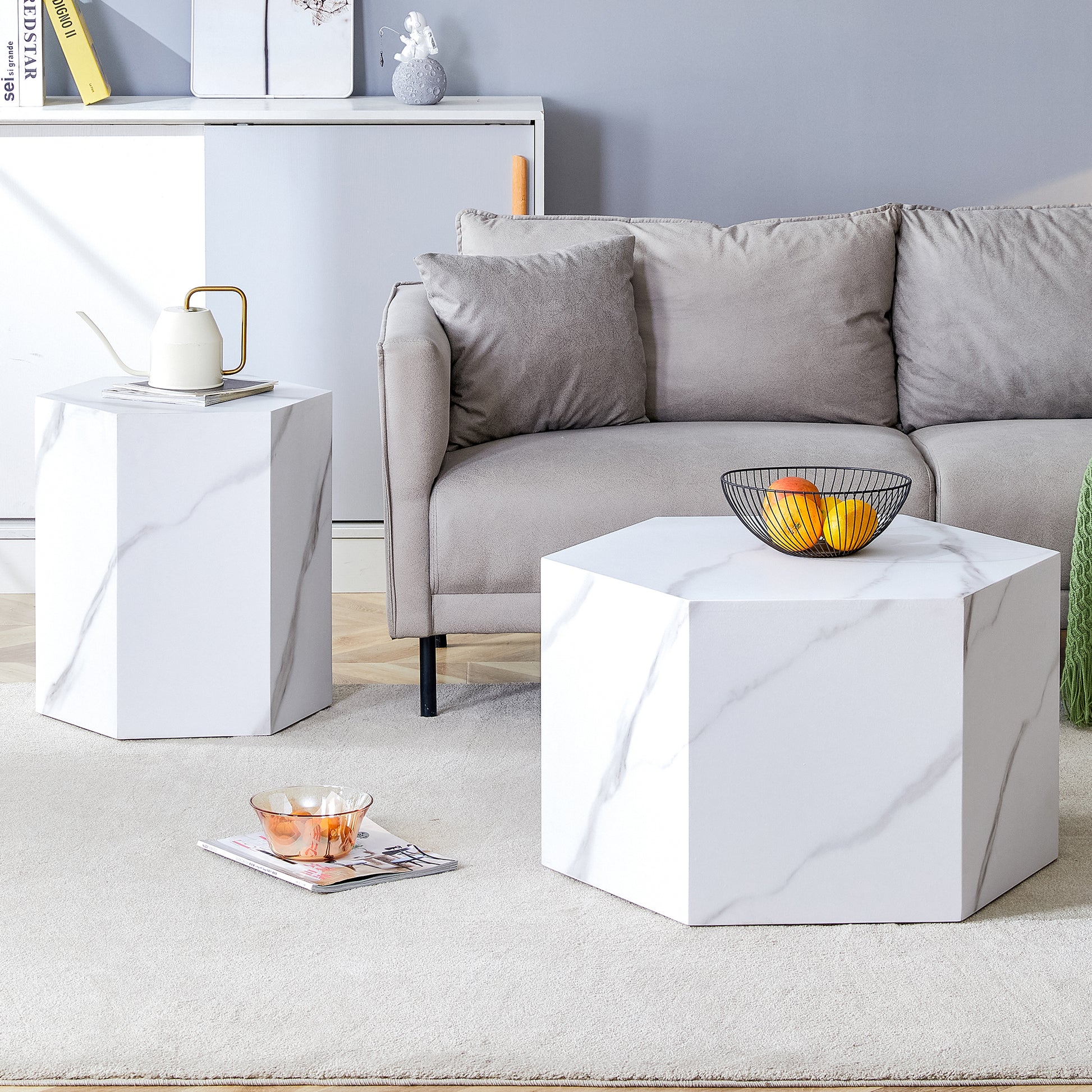 Modern Minimalist Style Hexagonal White Marble Patterned Mdf Coffee Table Set Two Piece Set .Complex Texture Patterns, Style And Texture Coffee Table To Redefine Your Interior Decoration. White Mdf