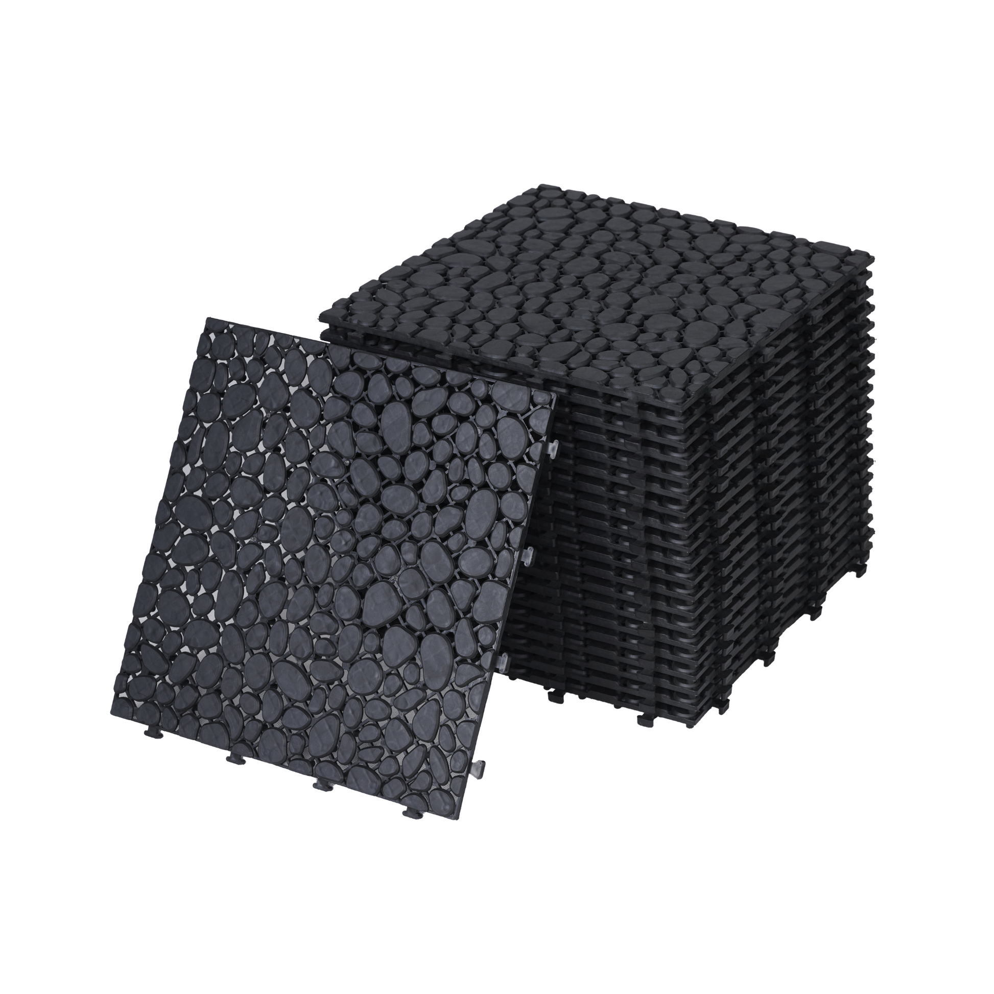 12 X 12 Inch Black Interlocking Deck Tiles Plastic Waterproof Outdoor All Weather Anti Slip Bathroom Shower Balcony Porch Strong Weight Capacity Upto 440 Lbs, Pebble Stone Pattern Pack Of 24 Black American Design,American Traditional Plastic