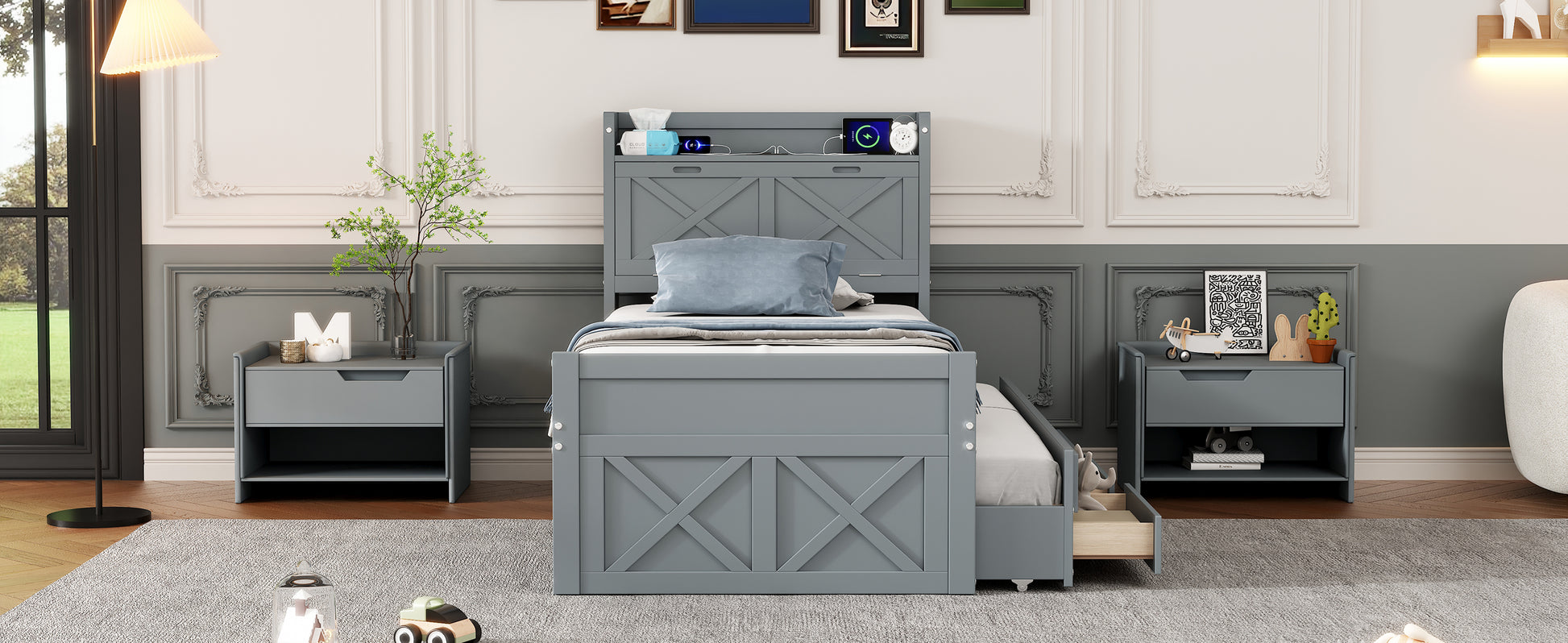 Twin Size Wooden Bed With Storage Headboard With Outlets, Extendable Bed With Twin Size Trundle With Three Storage Drawers,Gray Twin Gray Wood