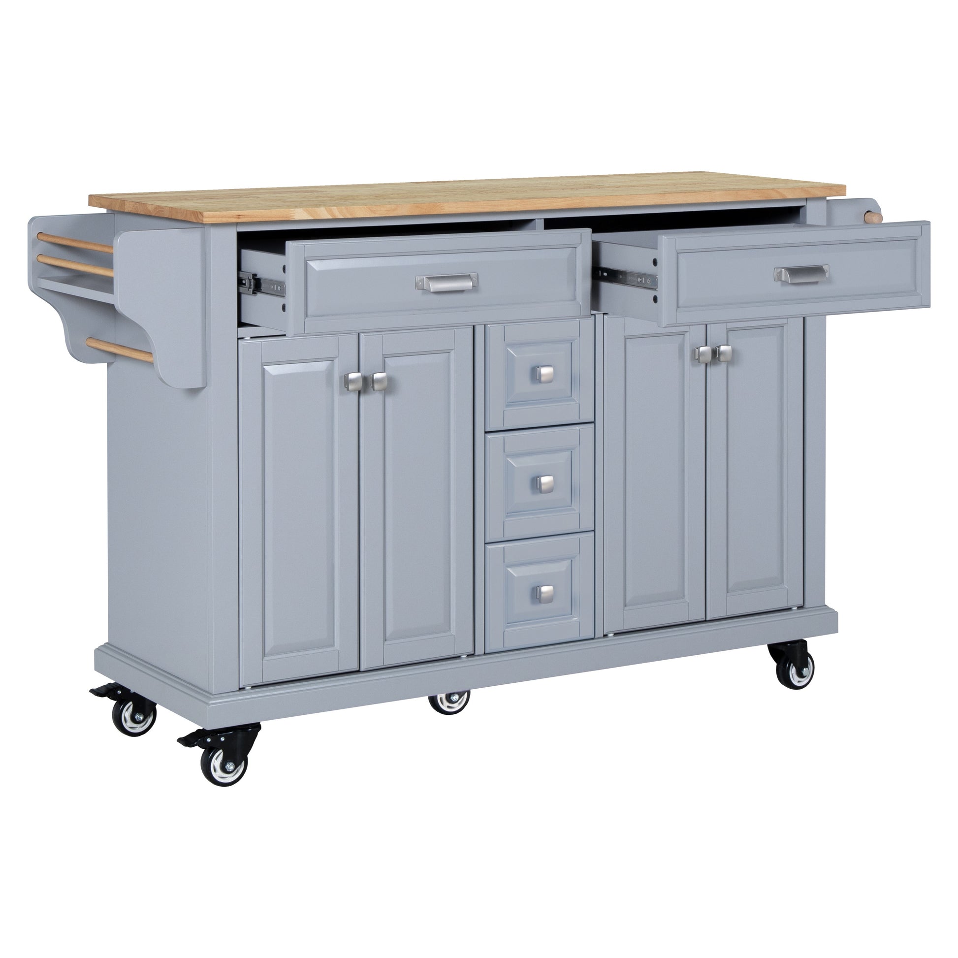 Kitchen Island With Rubber Wood Countertop, Kitchen Cart On 5 Wheels With Storage Cabinet And 5 Drawers For Dinning Room, Grey Grey Dining Room Rectangular Rubberwood Solid Wood Mdf Large 56 In