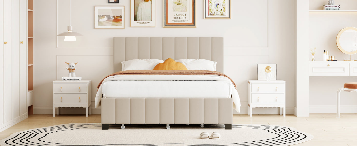 Queen Size Velvet Upholstered Platform Bed With 2 Drawers And 1 Twin Xl Trundle Beige Queen Beige Upholstered