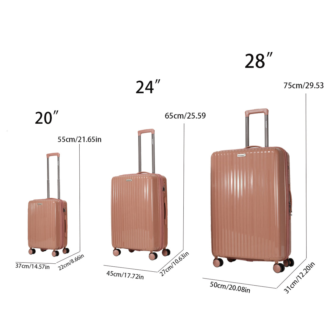 Expandable Luggage Sets 3 Piece,Luggage Set Pp Material Travel Suitcase Set With Spinner Wheels For Men Women, 20'' 24'' 28'' Rose Gold Polypropylene