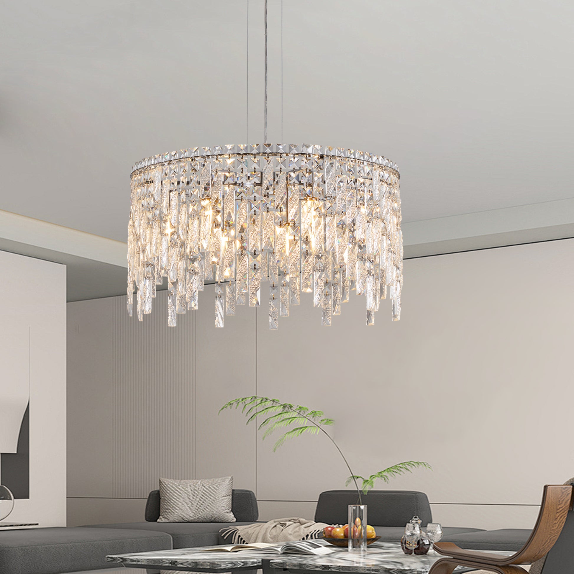 Luxurious Round Silver Crystal Chandelier, Contemporary Rectangular Pendant Light For Dining Room, Living Room, And Grand Foyers Bulbs Not Included Silver Clear Crystal Iron