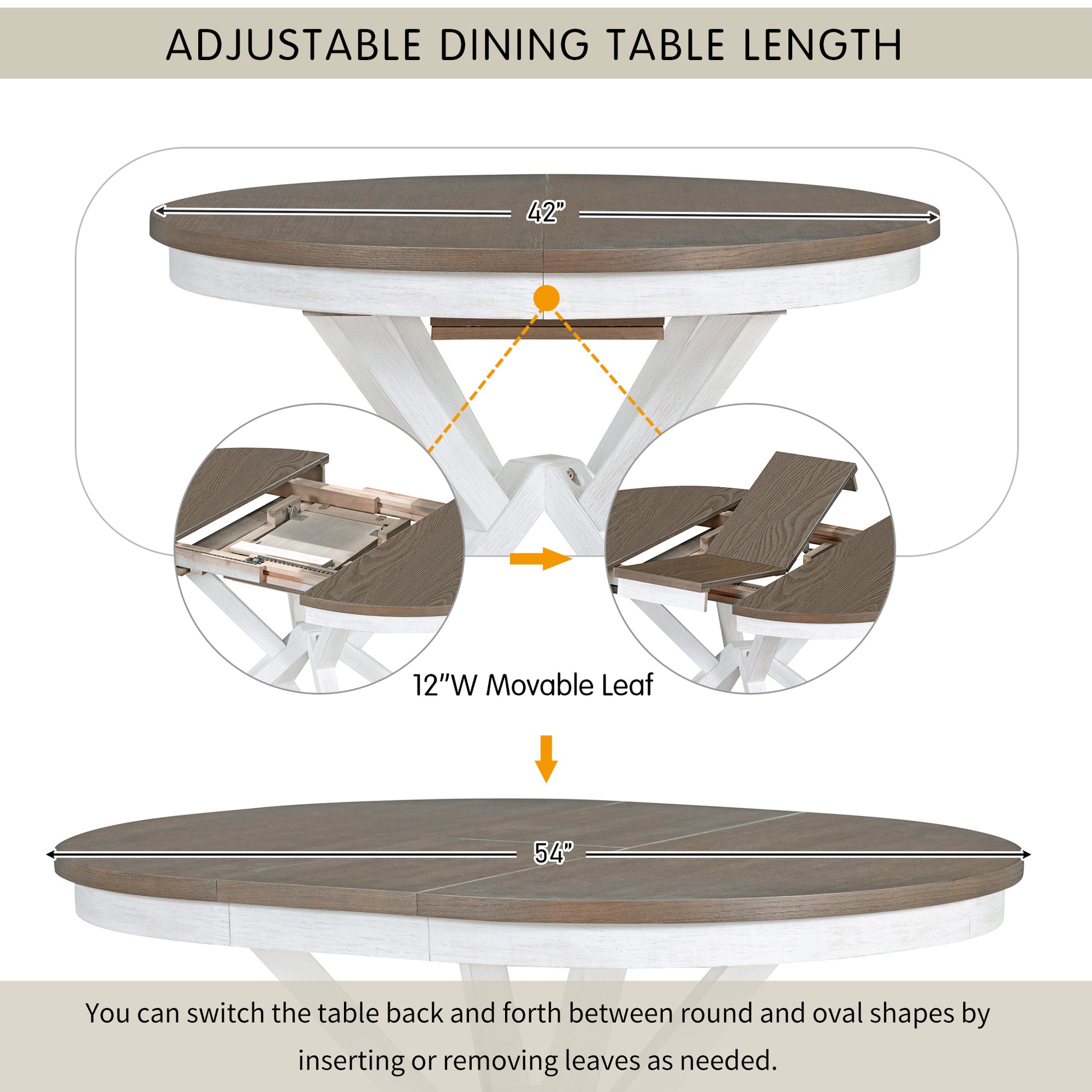 5 Piece Retro Functional Dining Table Set Extendable Round Table And 4 Upholstered Chairs For Dining Room And Living Room Brown Antique White Brown Antique White Solid Wood