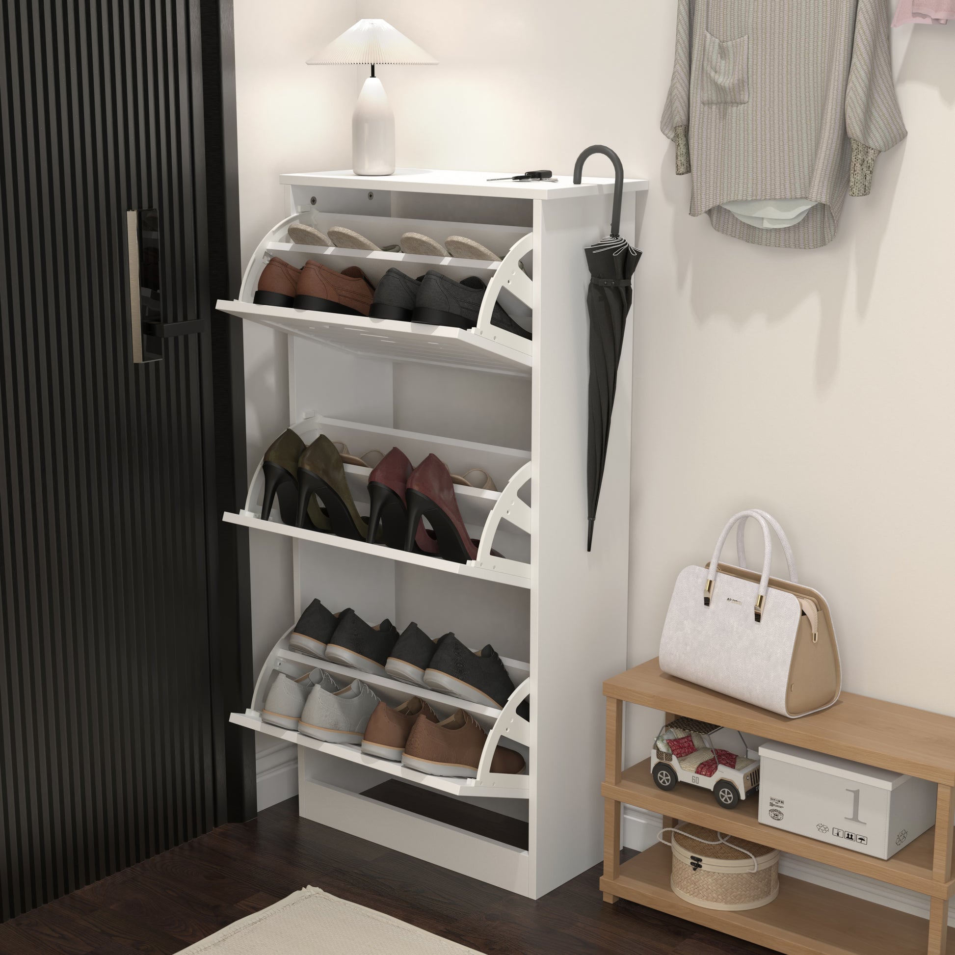 Wooden Shoe Cabinet For Entryway, White Shoe Storage Cabinet With 3 Flip Doors 20.94X9.45X43.11 Inch White Mdf