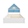Full Size House Shaped Bed With Bookcase Headboard And Led Light And Twin Size Trundle For Kids Boys Girls, Blue White Box Spring Not Required Full White Blue Wood Bedroom Cute Bed Frame Wood