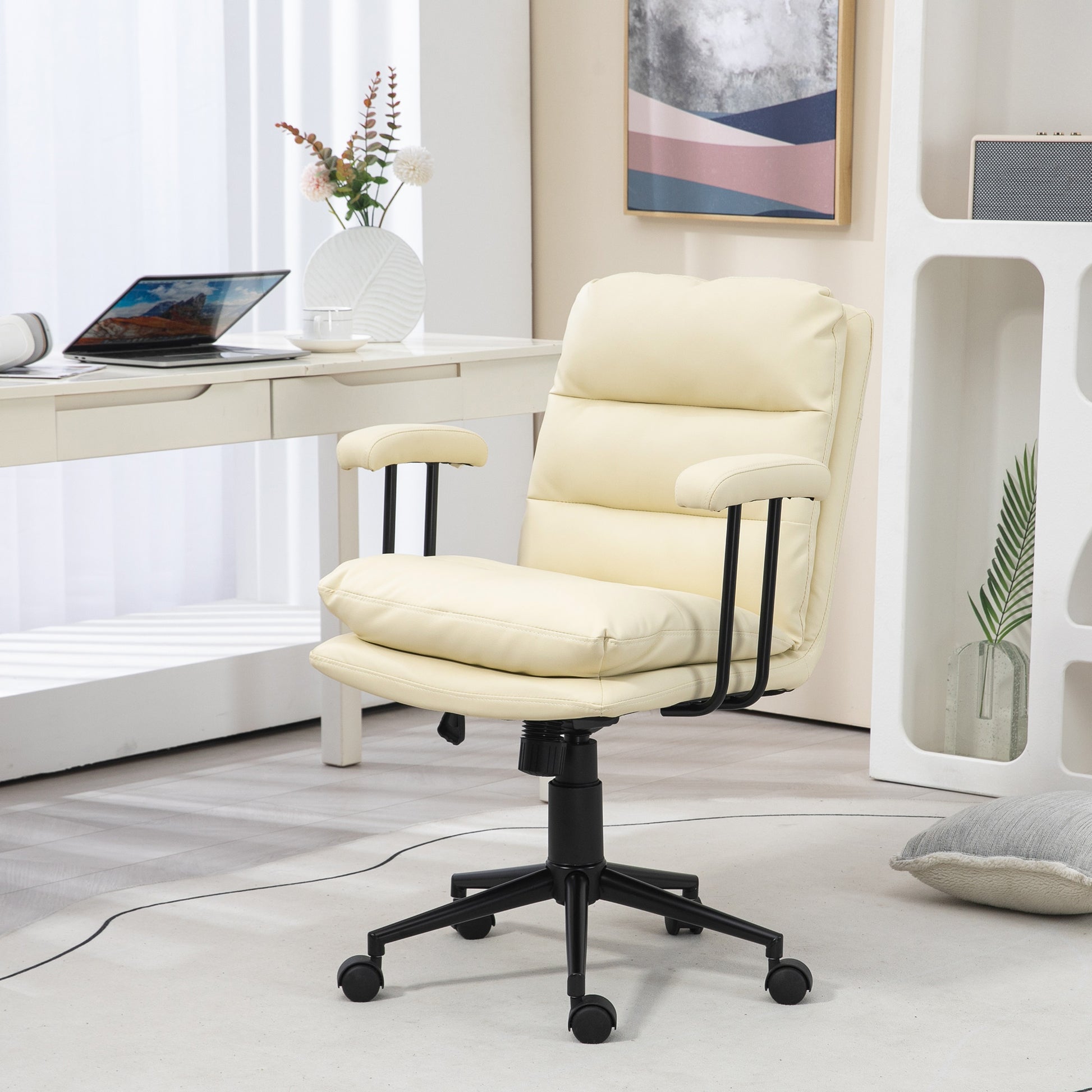Homcom Pu Leather Office Chair, Office Desk Chair, Task Computer Chair With Swivel Wheels, Adjustable Height, Double Tier Padded, Beige Beige Faux Leather