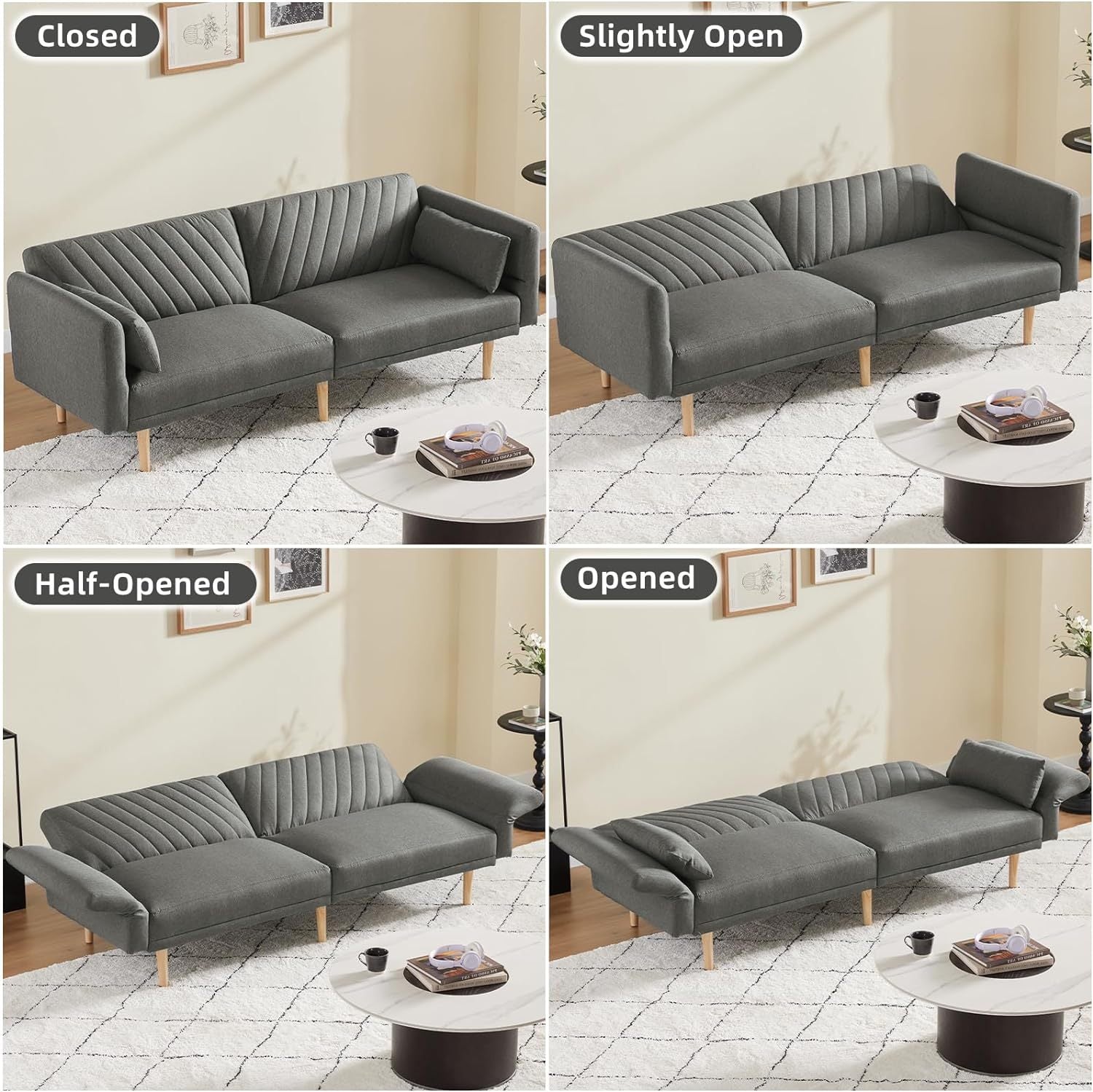 78'' Fabric Futon Sofa Bed, Convertible Sleeper Bed With Adjustable Armrests And Backrest, Loveseat Sleeper Couch Bed With 2 Pillows, Modern Futon Couches For Living Room, Dark Gray Brown Wood Bedroom Heavy Duty Oak 2 Seat Light Gray Velvet Soft Cushion