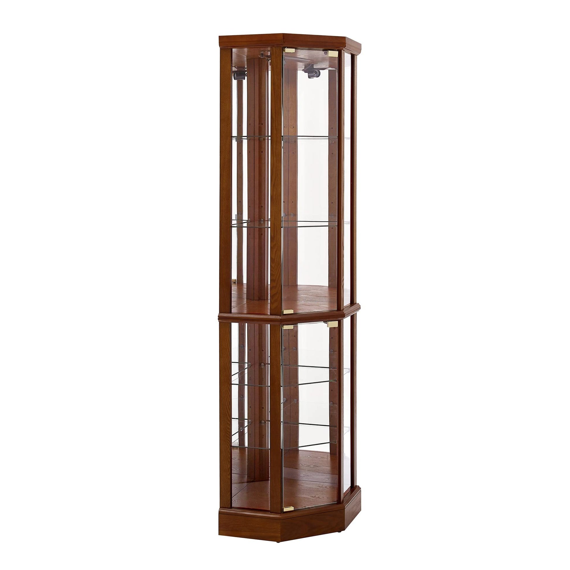 6 Shelf Lighted Corner Curio Cabinet With Adjustable Tempered Glass Shelves And Mirror Back, Walnut E26 Light Bulb Not Included Walnut Mdf