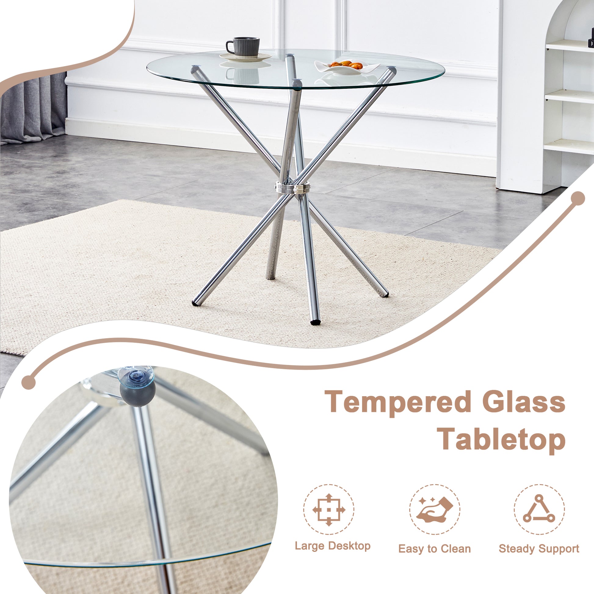 Table And Chair Set.36.6"Round Clear Glass Dining Table With A Unique Shape With Ring Shaped Gathered Silver Metal Legs.Paired With 4 Transparent High Quality Pp Dining Chairs With Silver Legs.