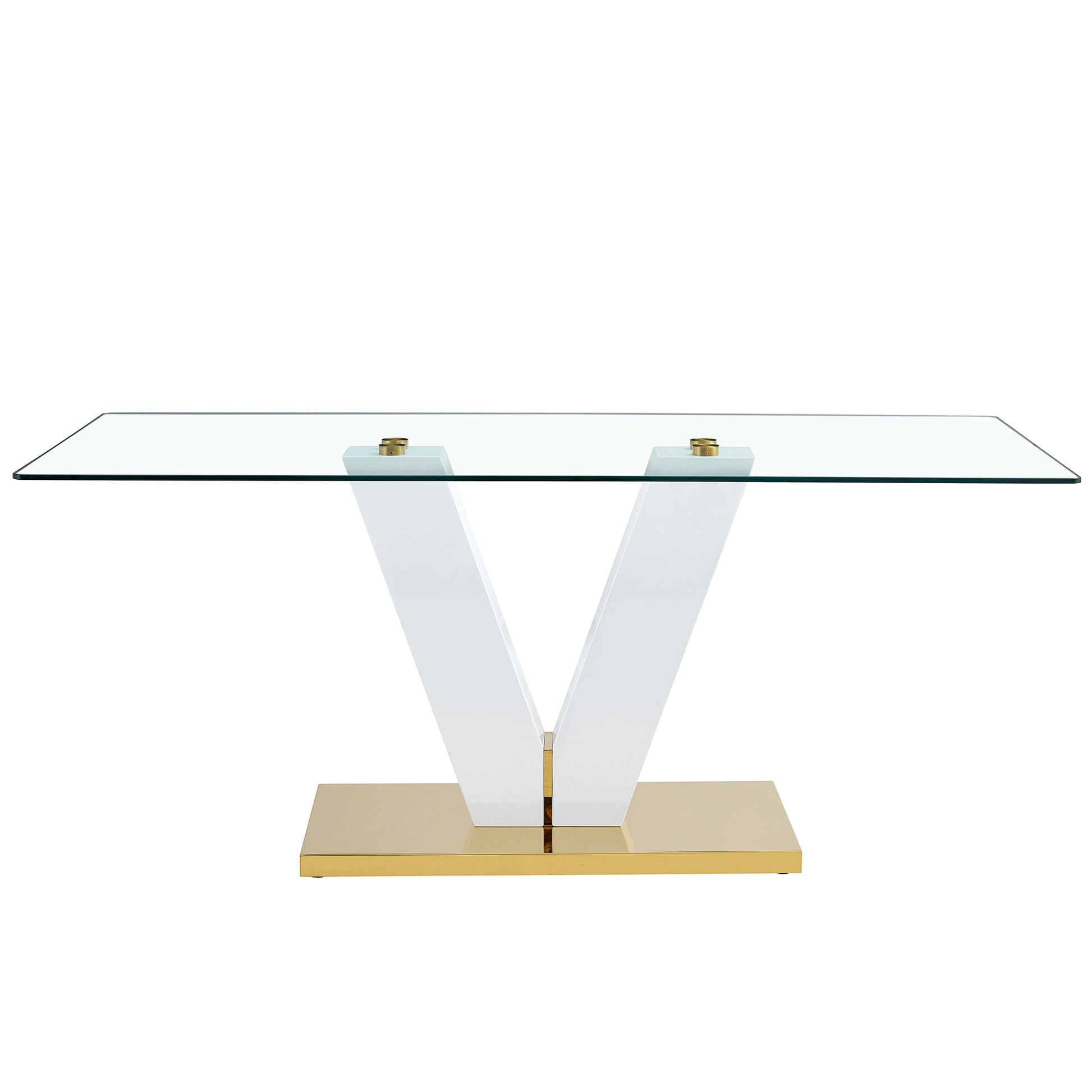 Large Modern Minimalist Rectangular Glass Dining Table For 4 8 People With 0.39" Tempered Glass Tabletop And Mdf Slab V Shaped Bracket,For Kitchen Dining Living Meeting Room Banquet Hall F V