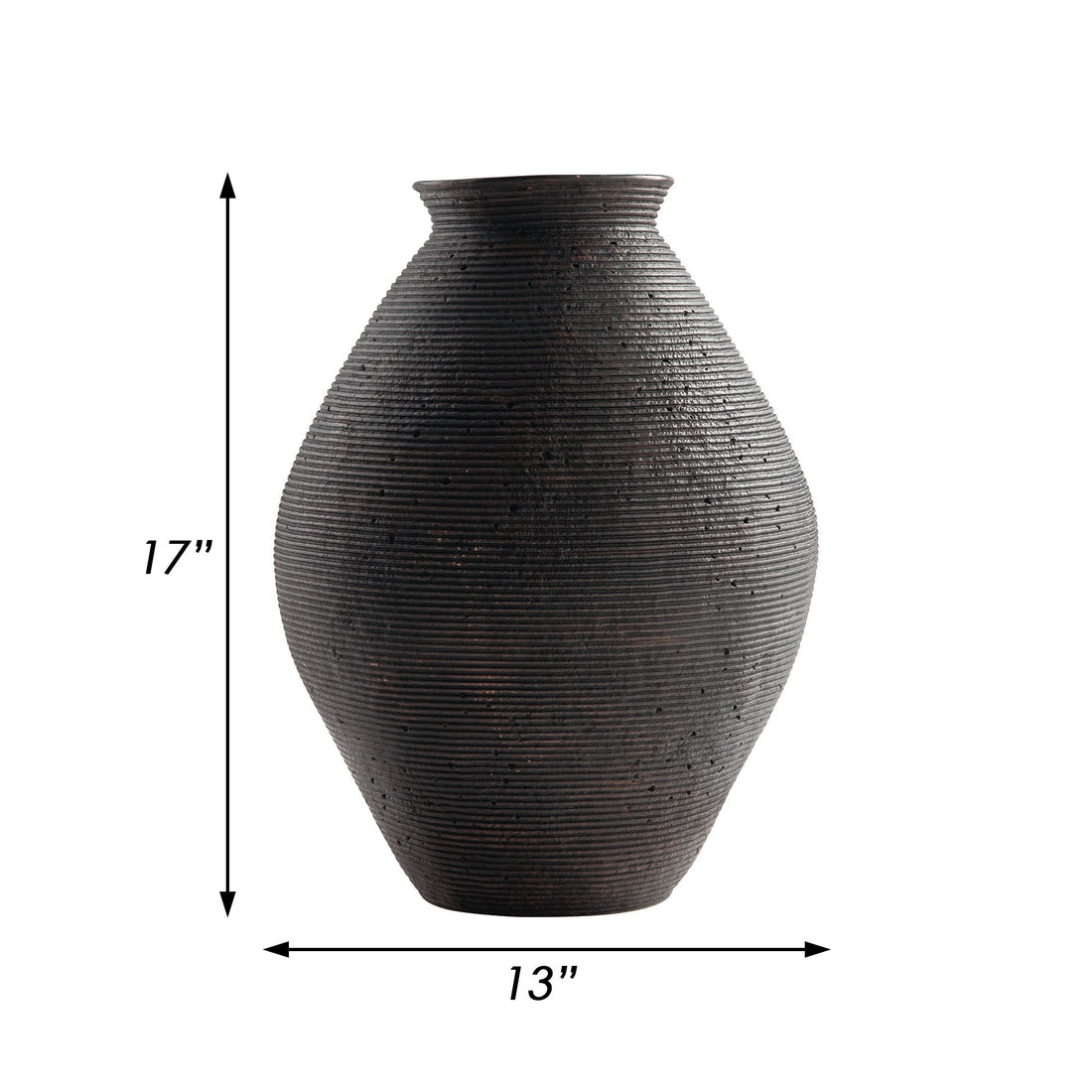 Dale 17 Inch Round Polyresin Vase, Tightly Ribbed Texture, Antique Brown Brown Polyresin