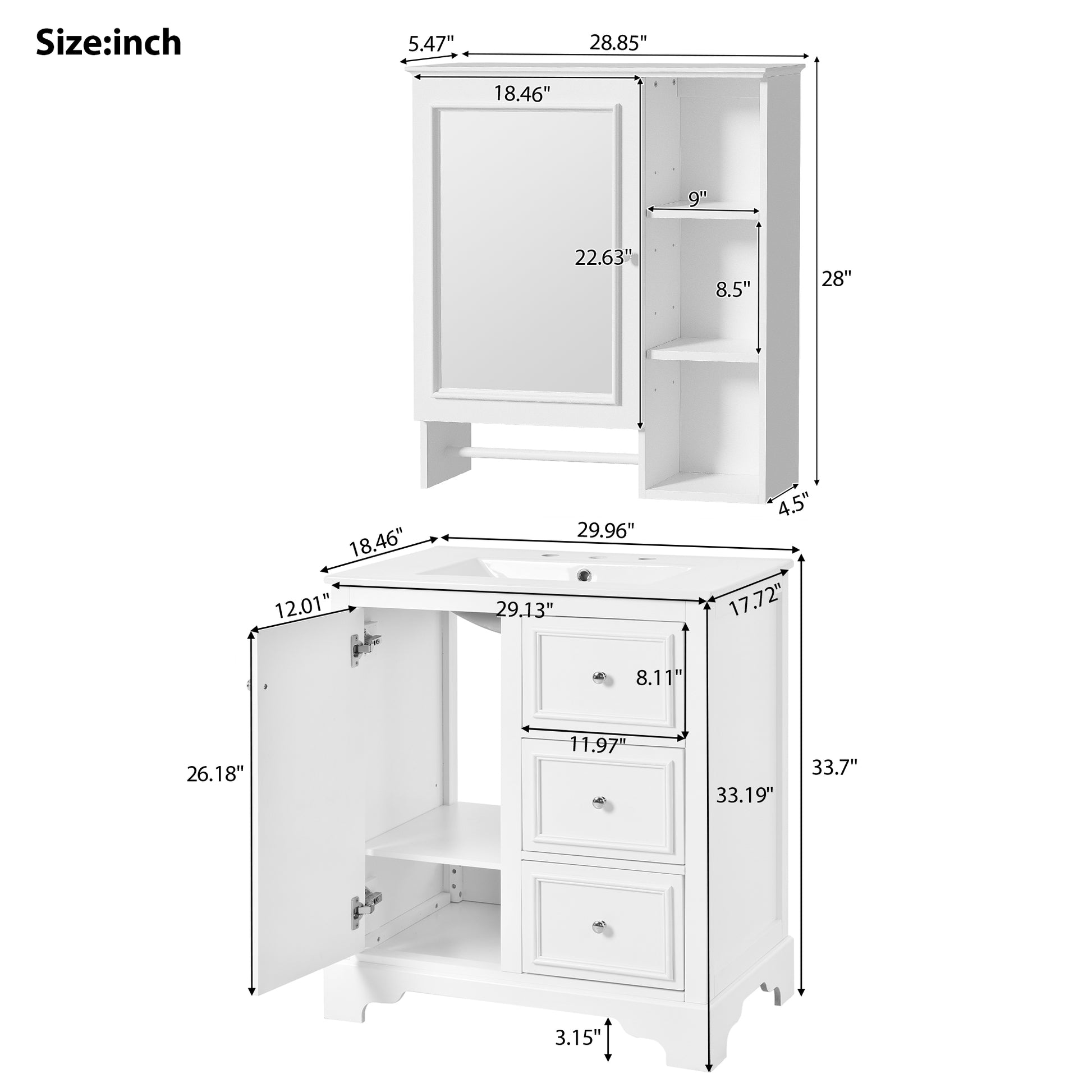 30 Inch Bathroom Vanity With Sink, Modern Elegant Bathroom Storage Cabinet With 3 Drawers And Adjustable Shelves, Freestanding Vanity Set With Mirror Cabinet, Single Sink Bathroom Vanity White Bathroom Solid Wood Mdf Glass