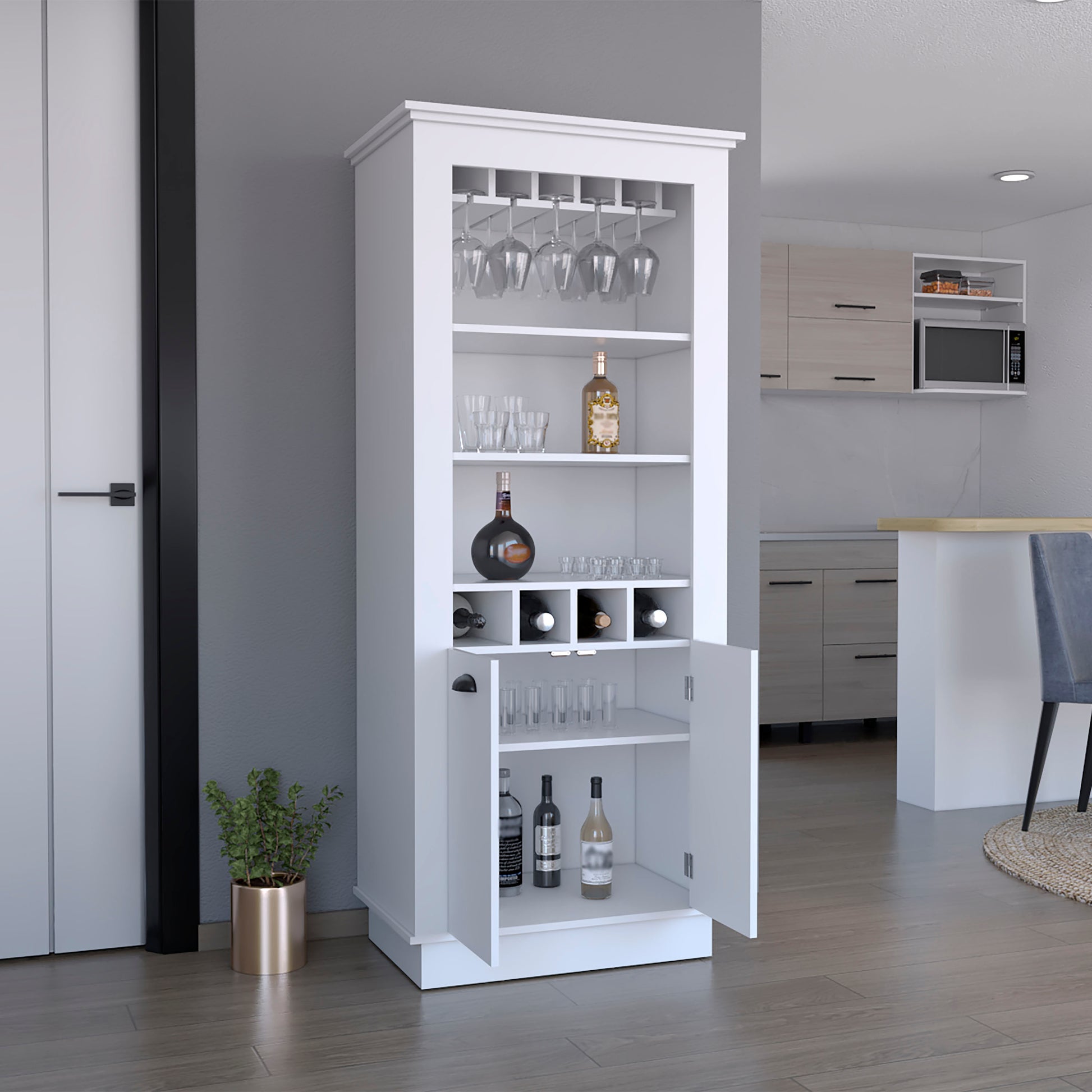 Lafayette Bar Cabinet With 4 Bottle Rack, Upper Glass Holder And Dual Door Design White White Particle Board