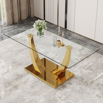 Modern Simple Rectangular Dining Table With Clear Glass Top And Smooth Gold Legs. Suitable For Kitchen, Dining Room And Living Room. Golden Glass