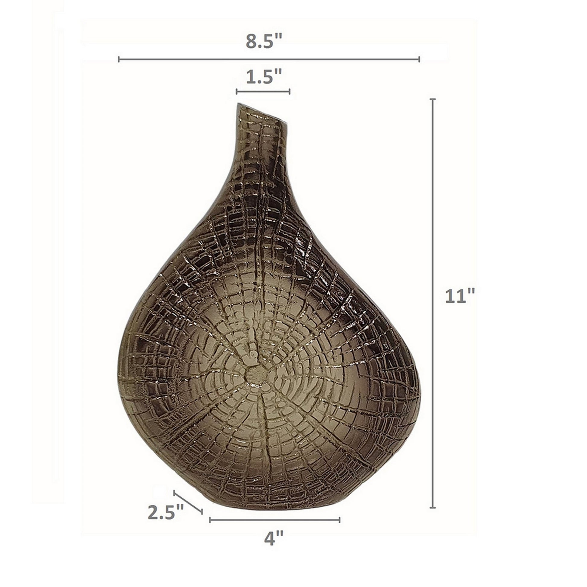 Zelo 11 Inch Decorative Vase, Aluminum, Webbed Design, Bottleneck, Gold Gold Brown Aluminium