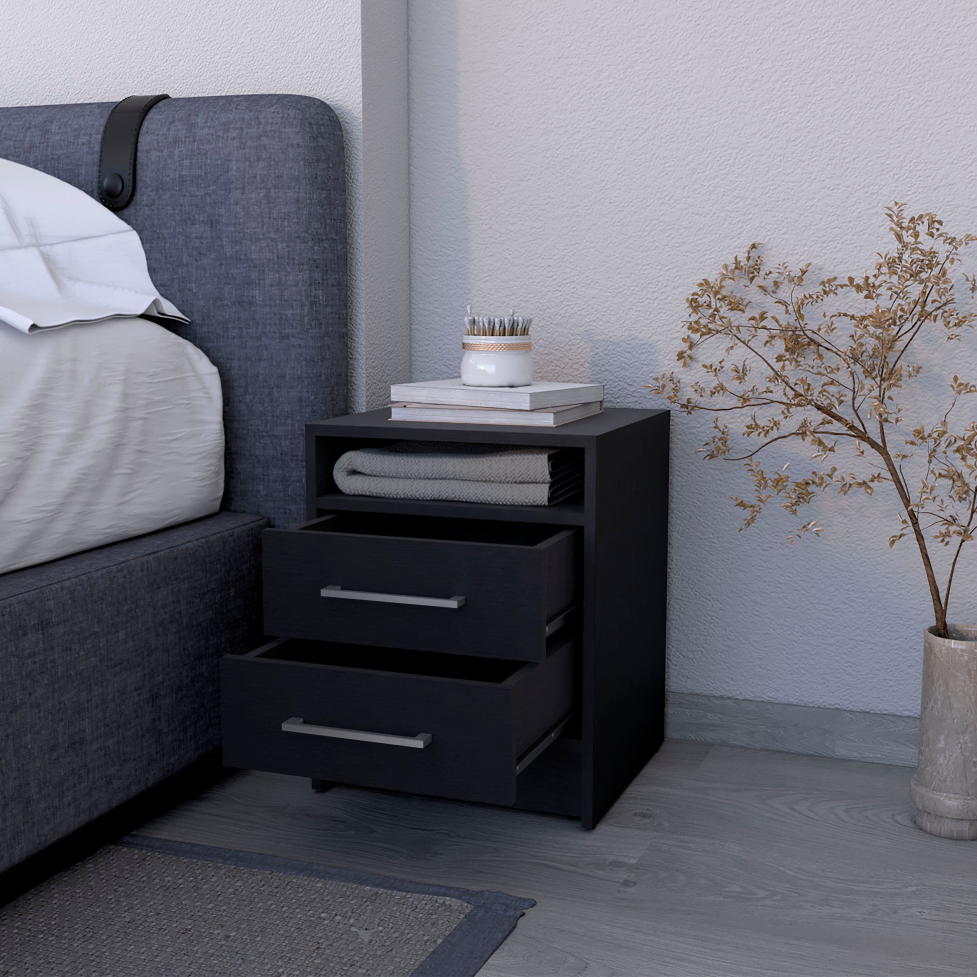 Philadelphia Nightstand, Two Drawers, Concealed Shelf Black 2 Drawers Bedroom Rectangle Modern Shelf Mdf Engineered Wood