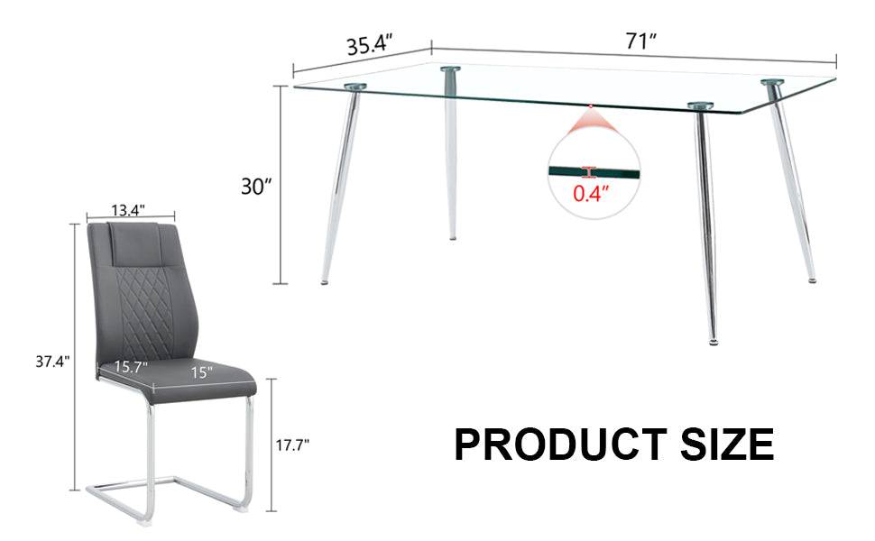Table And Chair Set.Modern Rectangular Glass Dining Table With A Tempered Glass Tabletop And Silver Metal Legs, Paired With Multiple Chairs Designed With Pu Cushions And Silver Metal Legs. Gray Silver Seats 8 Tempered Glass