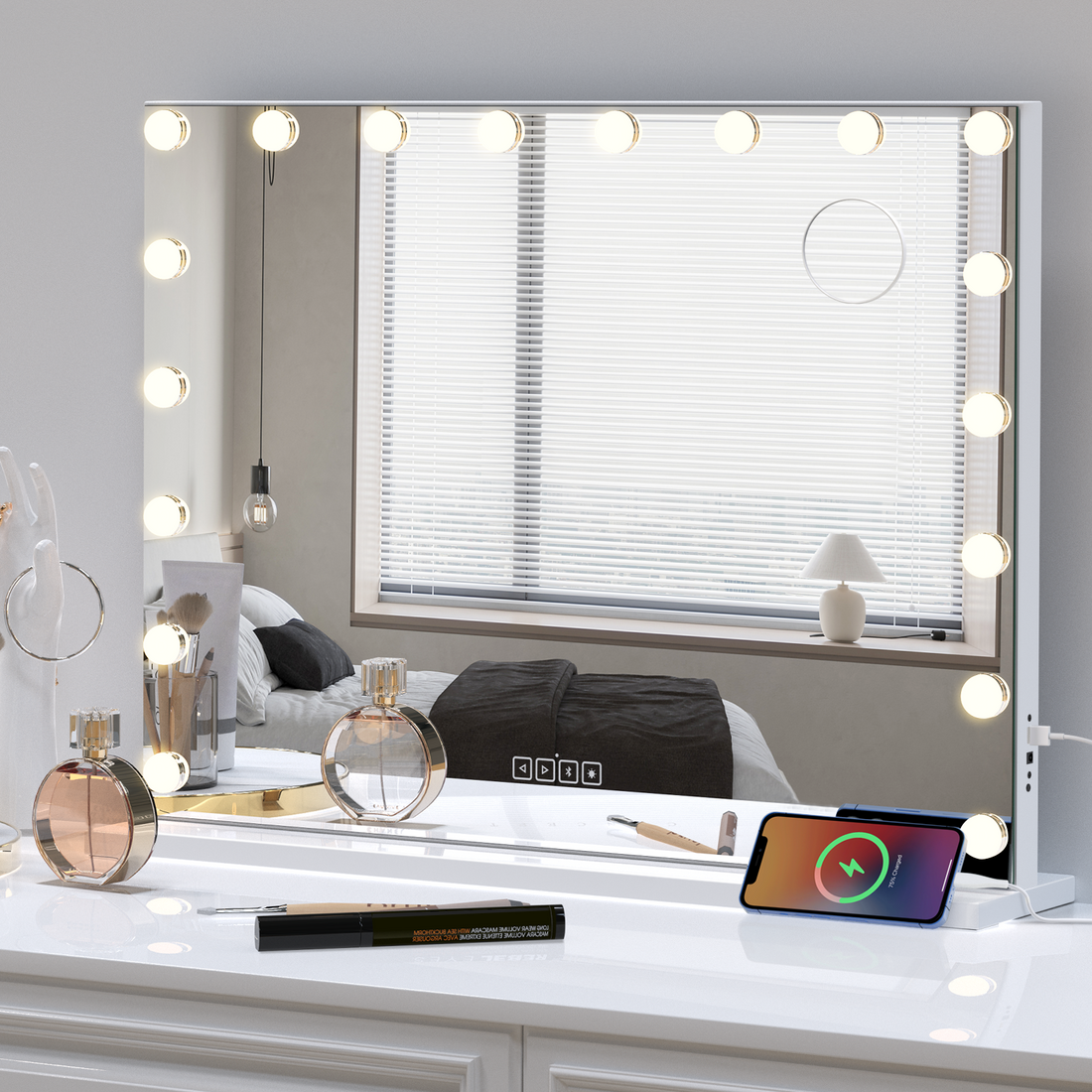 Hollywood Vanity Mirror With Speaker And Lights: 18 Bulbs, 3 Light Colors, Adjustable Brightness, Usb Charging Port Tabletop Or Wall Mountable Beauty Mirror For Bedroom White Mirror