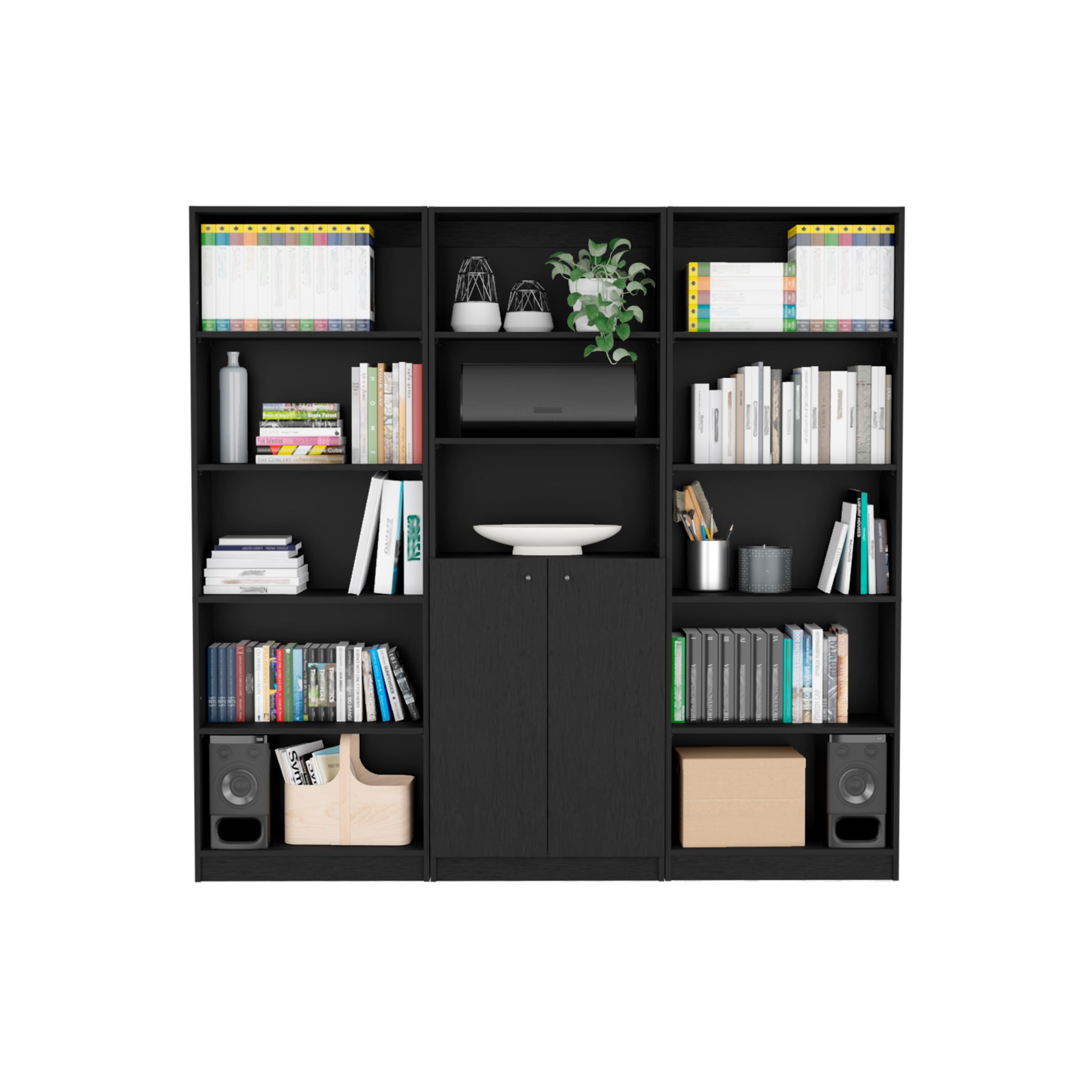 Lecanto 3 Piece Home Bookcase Set, 74" Wide With 13 Shelves And Two Door Cabinetliving Room Set Set Black Freestanding 5 Or More Shelves Black Office Open Storage Space Modern Particle Board