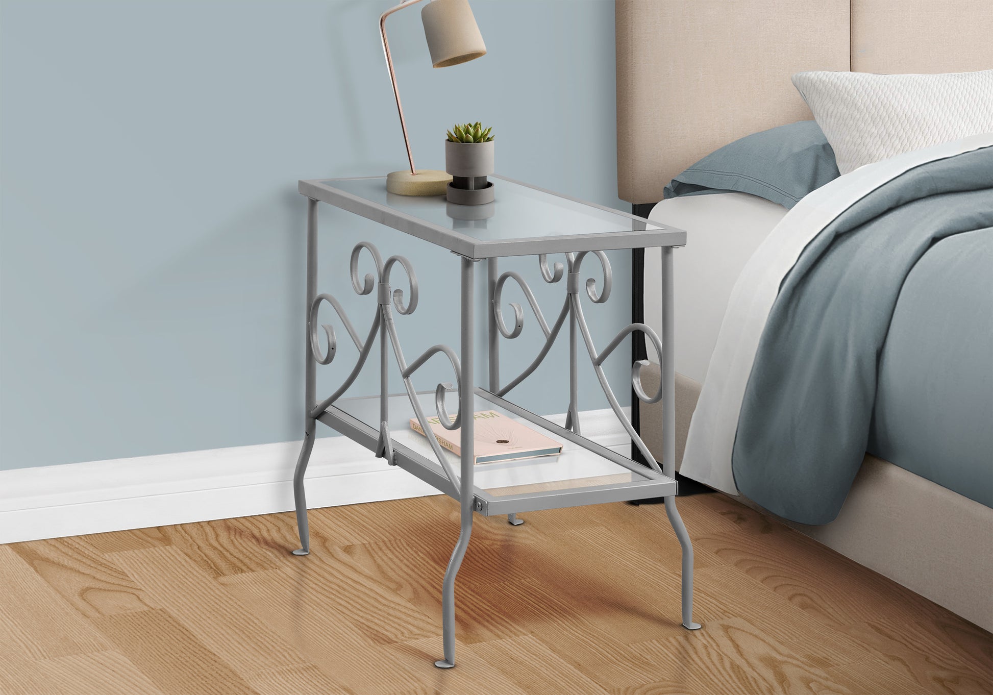 Accent Table, Side, End, Nightstand, Lamp, Living Room, Bedroom, Clear Tempered Glass, Grey Metal, Traditional Silver Metal