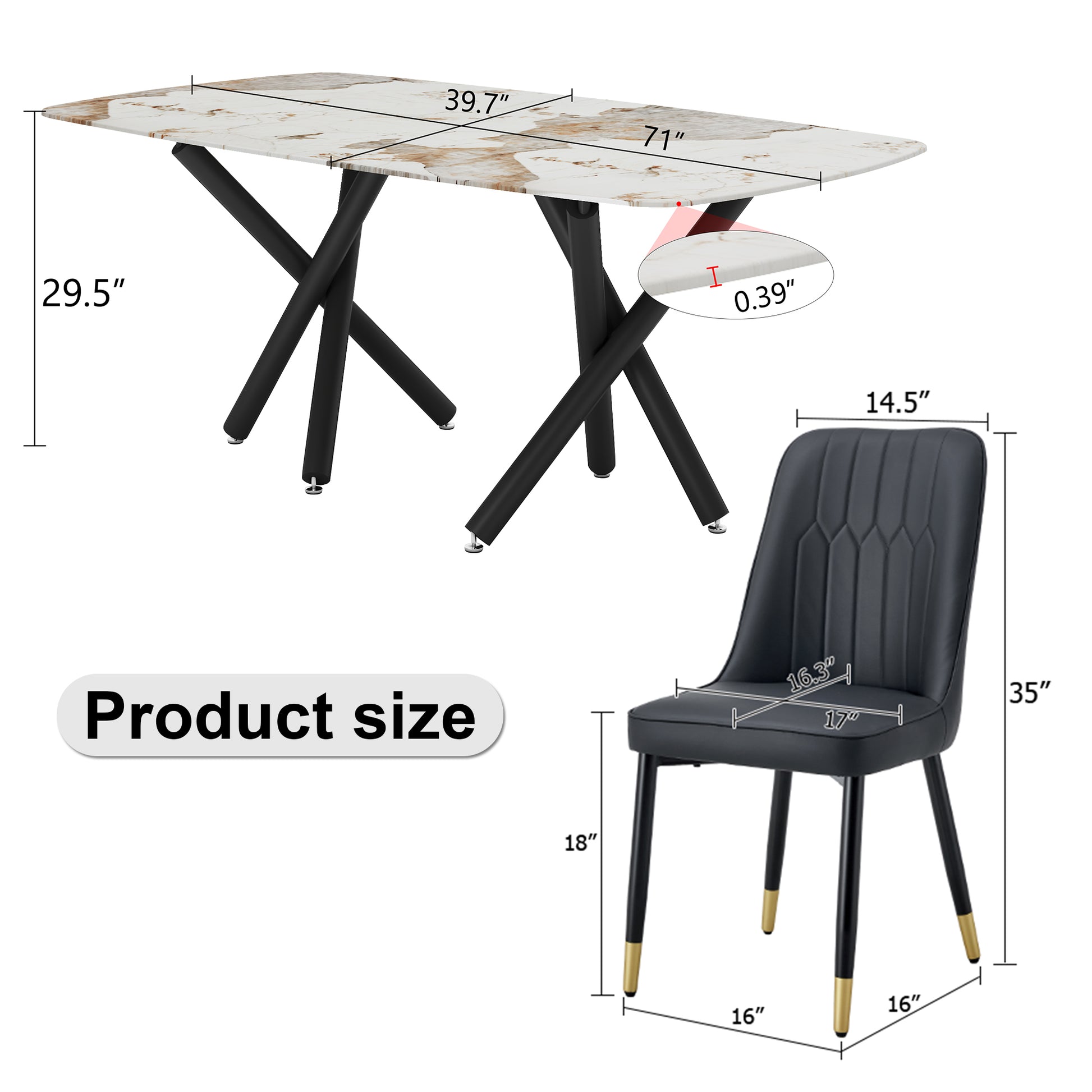 1 Table And 8 Chairs Set.A Rectangular Dining Table With A 0.39 Inch Imitation Marble Tabletop And Black Metal Legs.Paired With 8 Chairs With Pu Leather Seat Cushion And Black Metal Legs.F 1538,C 007 Black Glass Metal