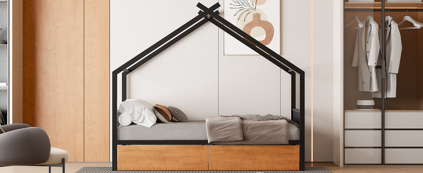 Twin Size Metal House Bed With Two Drawers, Black Twin Black Metal