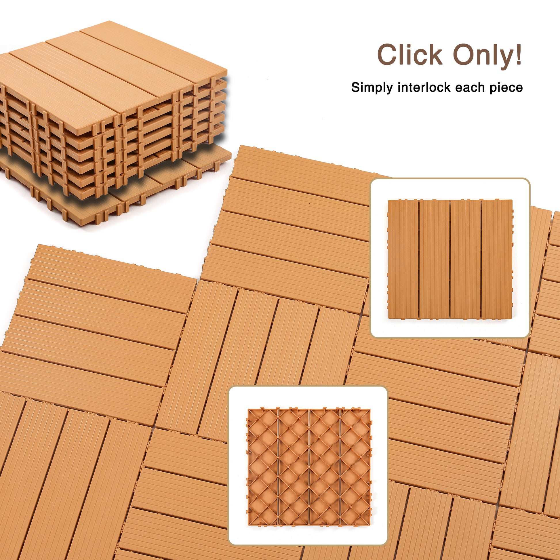 Plastic Interlocking Deck Tiles, 44 Pack Terrace Deck Tiles, 12 "X12" Square Waterproof Outdoor All Weather Use, Pool Balcony Backyard Terrace Deck Tiles, Original Wood Color Burly Wood Polypropylene