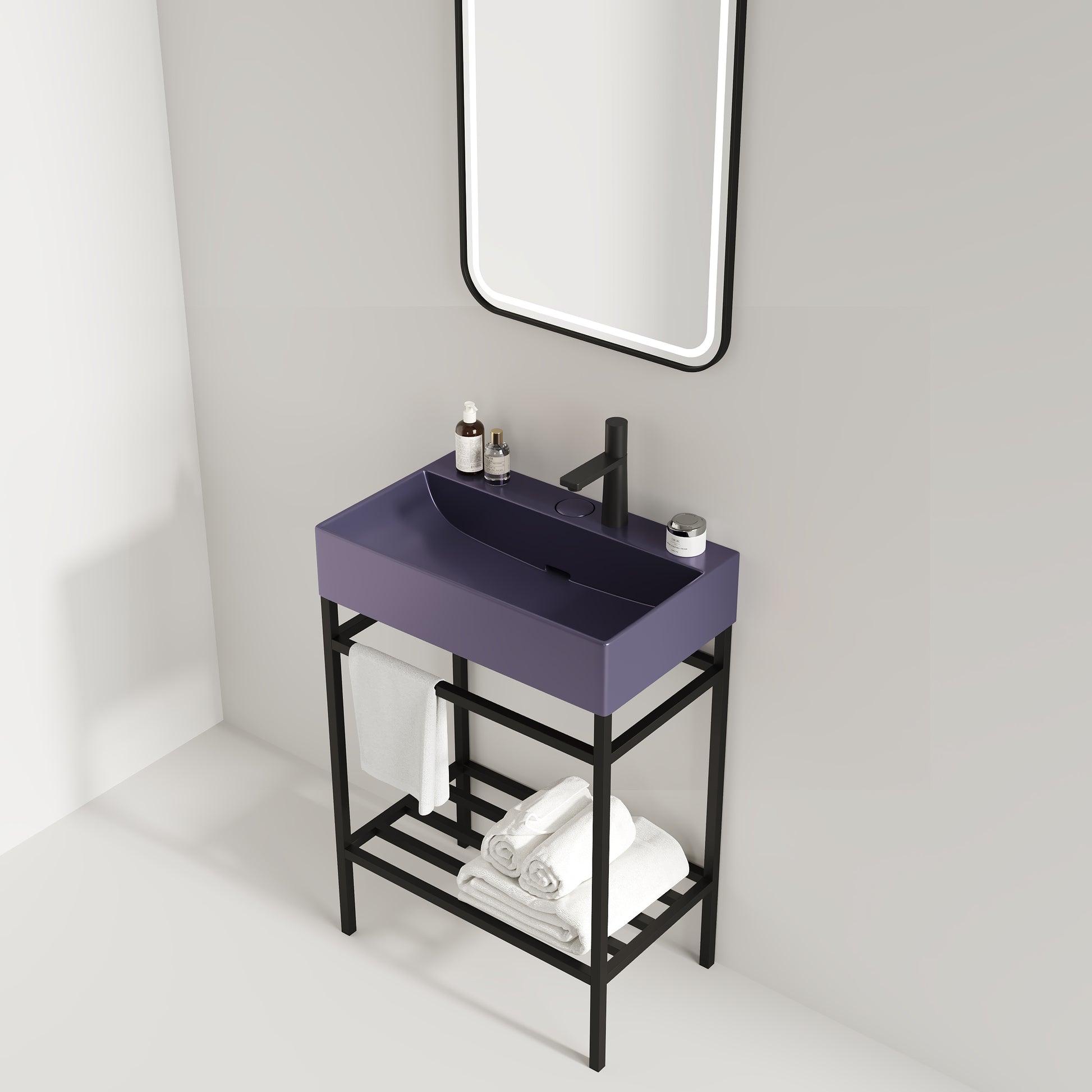 Lofi 24" Bathroom Vanity With Ceramic Basin, Freestanding Bathroom Console Sink Set, Glossy Purple Rectangular Ceramic Basin Without Faucet, Open Metal Leg, Storage Shelves, Black Purple Black