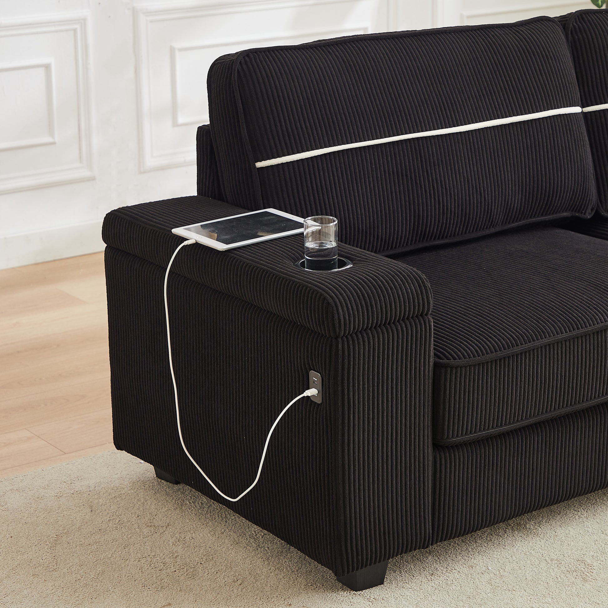 86.5 Inch Sofa Couch Deep Seat Sofa With Two Storage Spaces, T Pyce Charging Portsusb Charging Ports & 2 Cup ,Corduroy 3 Seater Couch, Modern Sofas For Living Room Black Foam Corduroy 3 Seat